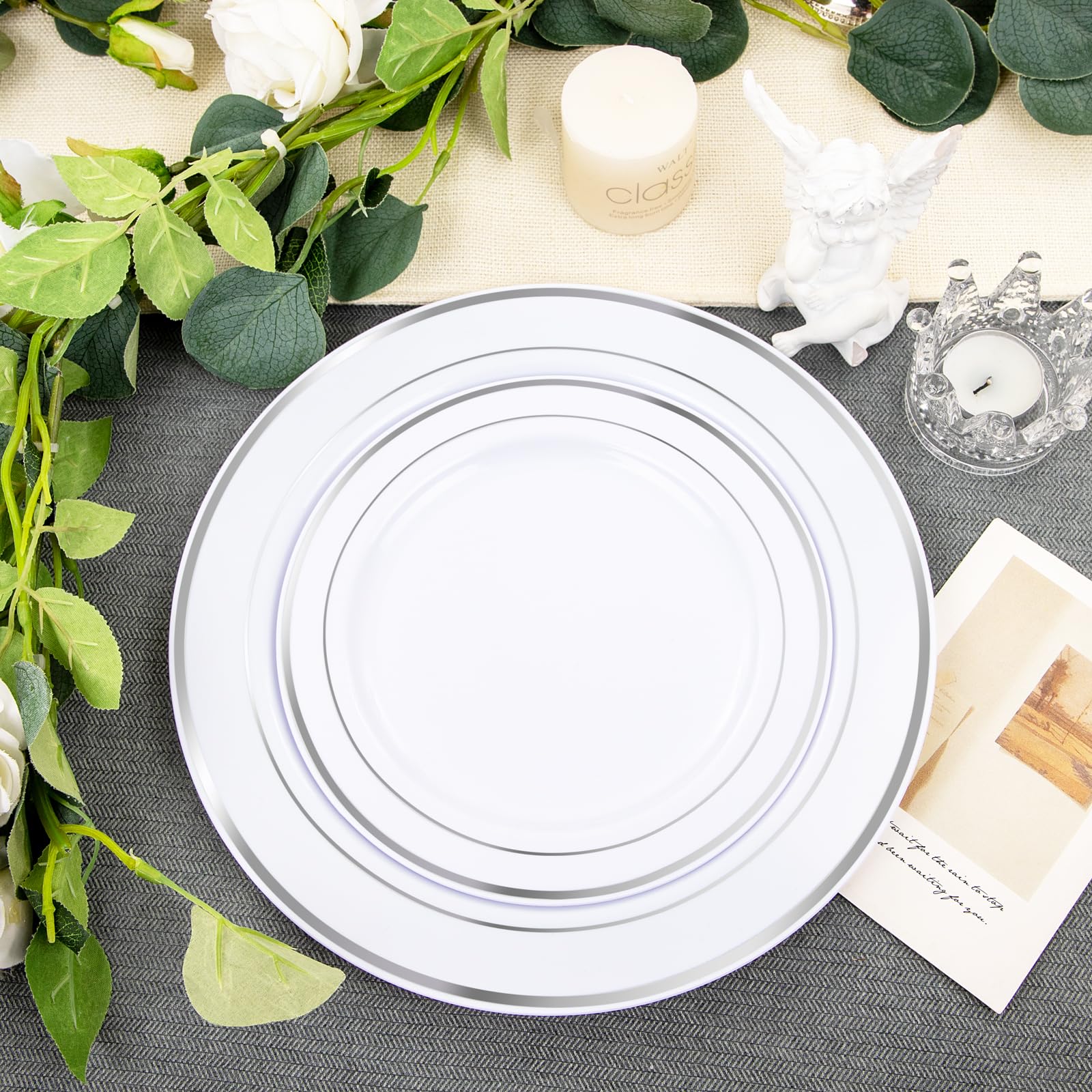 FLOWERCAT 60-Pack Heavy Duty Silver & White Plastic Plates Disposable - 30PCS 10.25