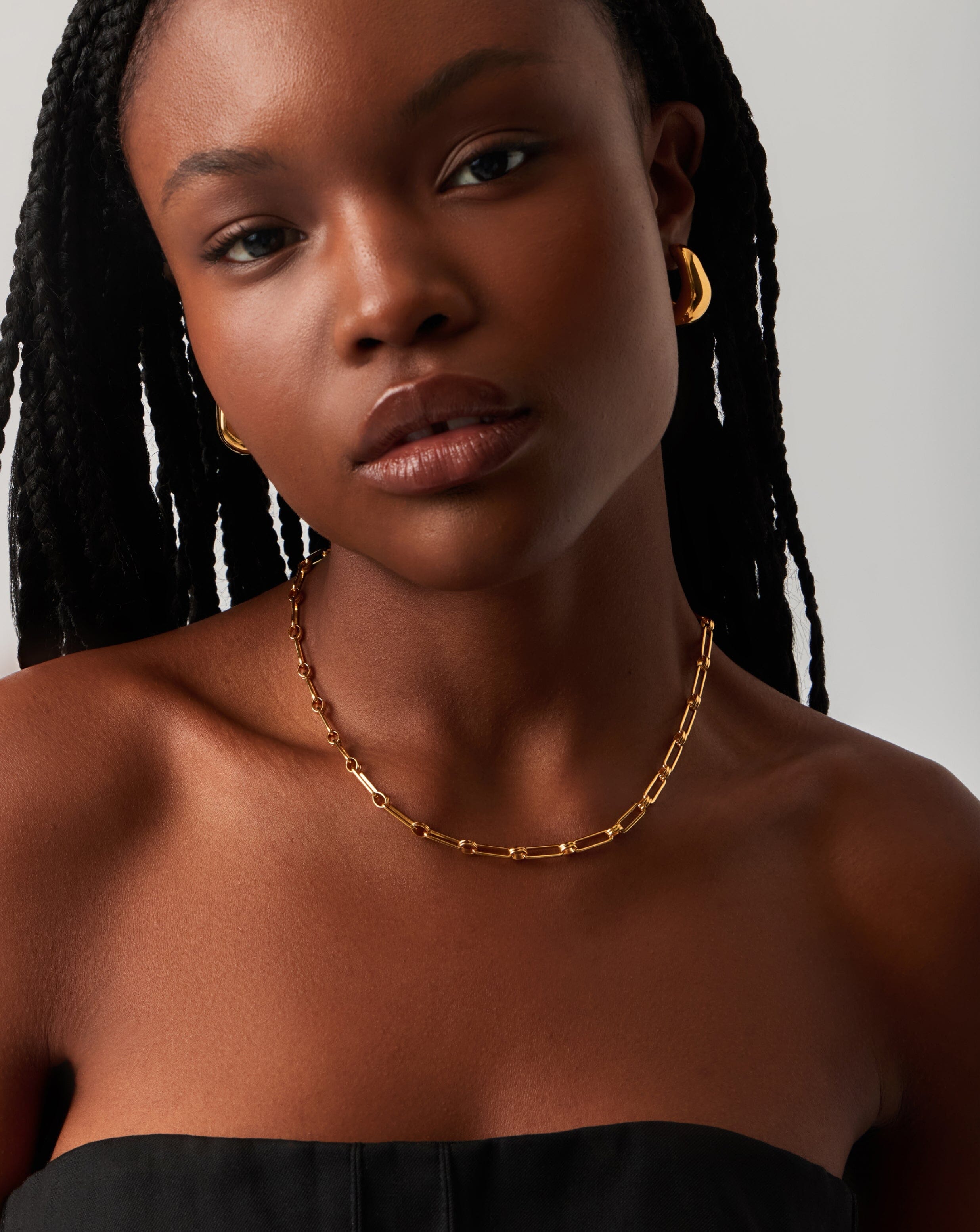 18k Gold Plated Dome Hoop Earrings and Chain Necklace Set for Women - Elegant Jewelry Gift for Birthday, Anniversary, Party & Everyday Wear