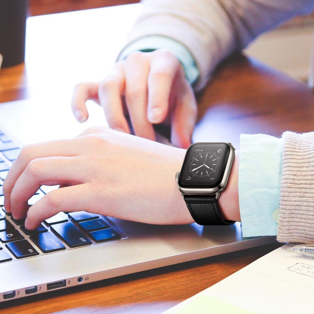 KYISGOS Genuine Leather Replacement Band for Apple Watch Series 1/2/3/4/5/6/7/8/9/10 & SE - Compatible with 38mm 40mm 41mm 42mm iWatch - Black/Silver - Perfect for Workouts, Office & Everyday Wear