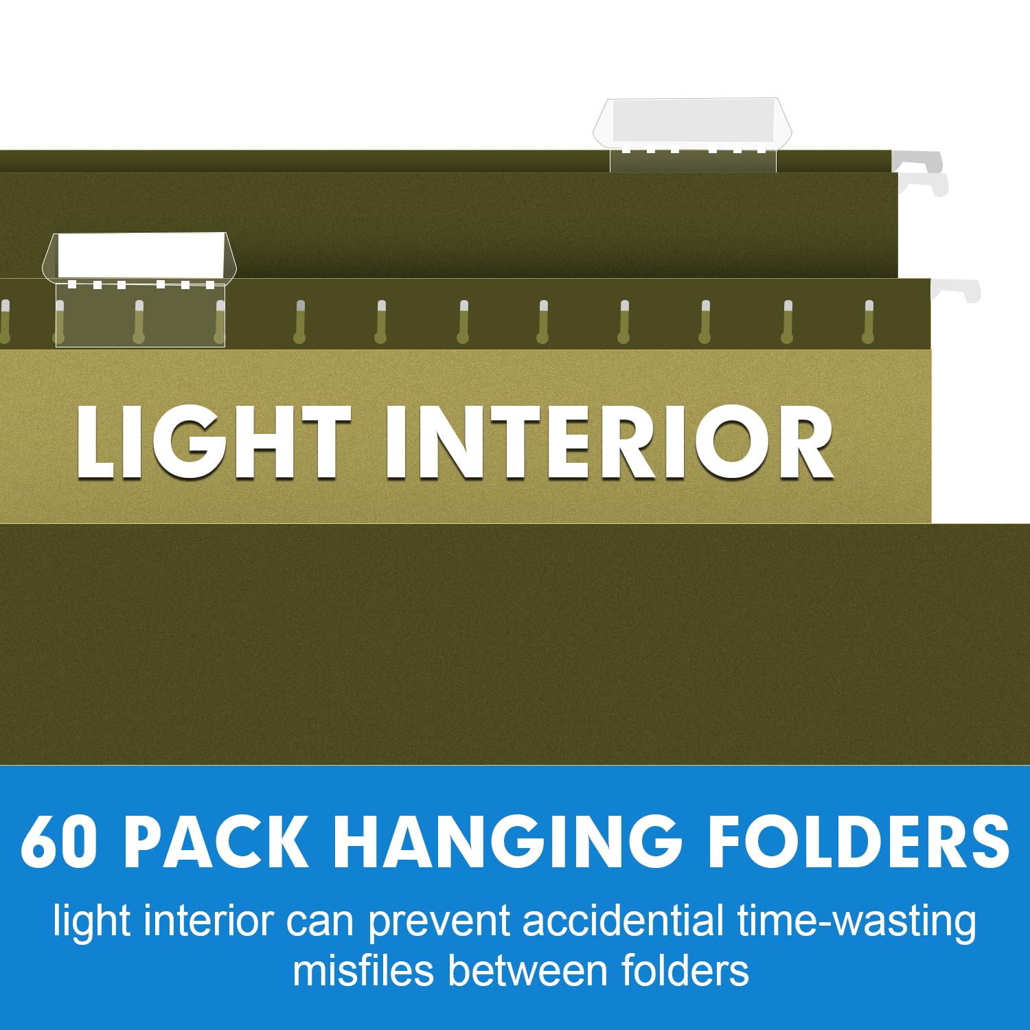 RAZCC 60 Pack Reinforced Hanging File Folders - Legal Size for Bulky Files, Adjustable Tabs, Green - Perfect for Office Filing Cabinets, Document Organization & Home Office Storage