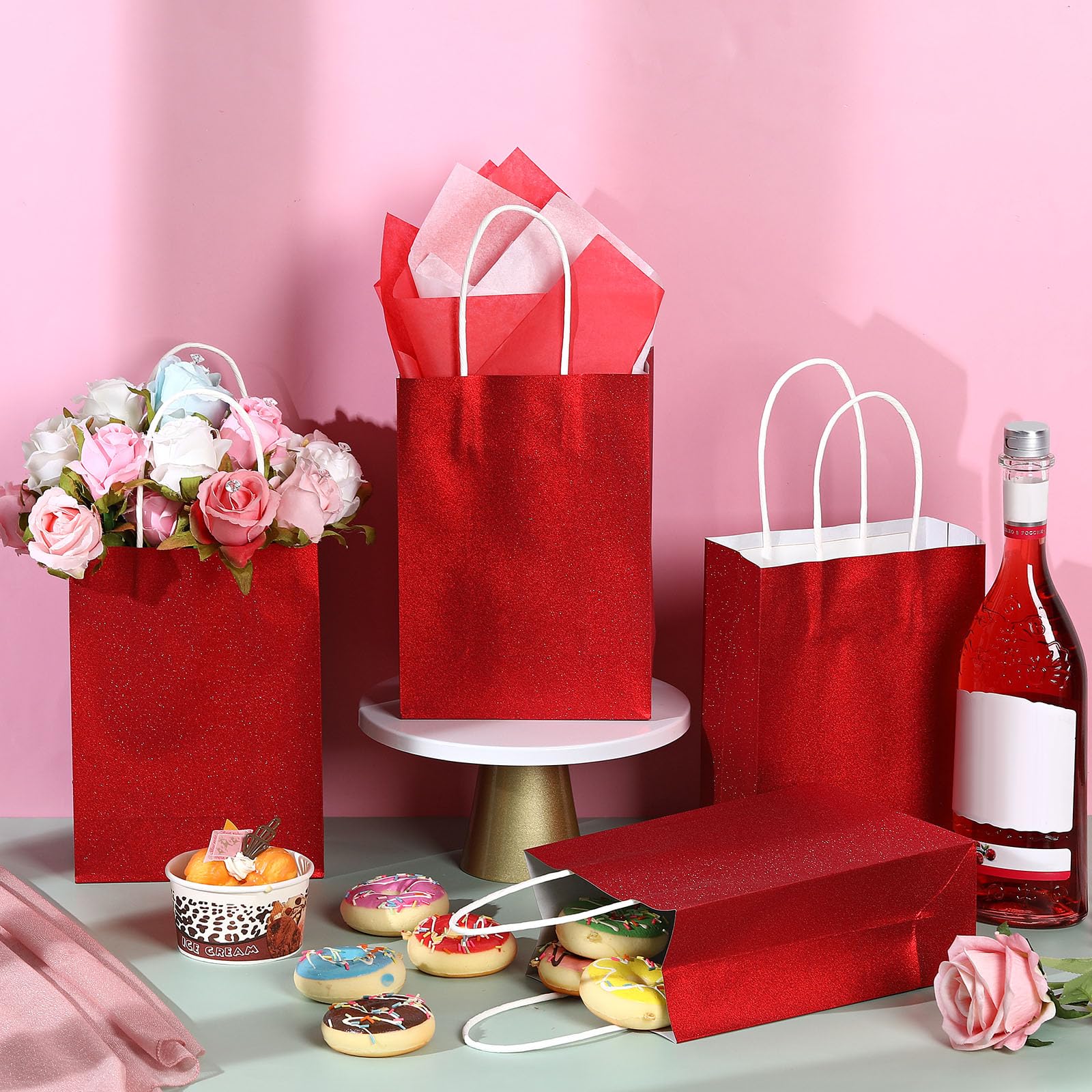 50 Pcs 8.2x5.9 Inch Glitter Kraft Paper Favor Bags with 100 Tissue Wrapping Paper - Bulk Wedding, Bridal, Baby Shower & Birthday Gift Bags with Handles (Red) - Perfect for Christmas Gifts, Party Favors and Special Occasions