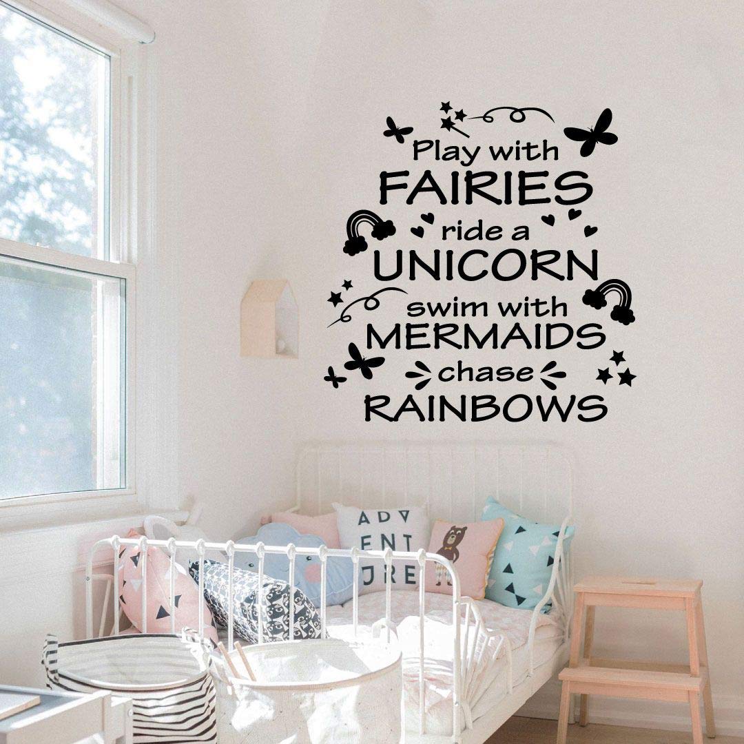 Play With Fairies Ride With Unicorn - Cute Vinyl Wall Art Sticker Decal for Home, Kids Room, Nursery (40x40 inch) - Perfect for Girls & Boys Bedroom Decor, Playroom, and Fantasy Theme Rooms