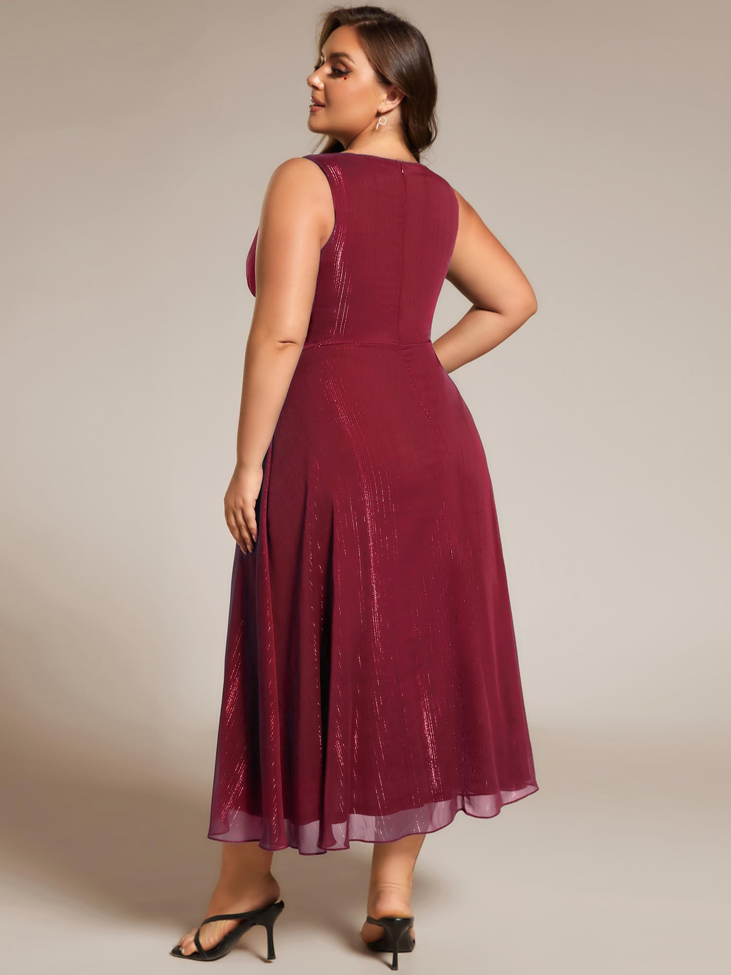 Ever-Pretty Women's Plus Size V-Neck Sleeveless A-Line Pleated Tea-Length Dress for Wedding Guest - 11977-DA | Elegant Formal Occasion & Special Event Wear