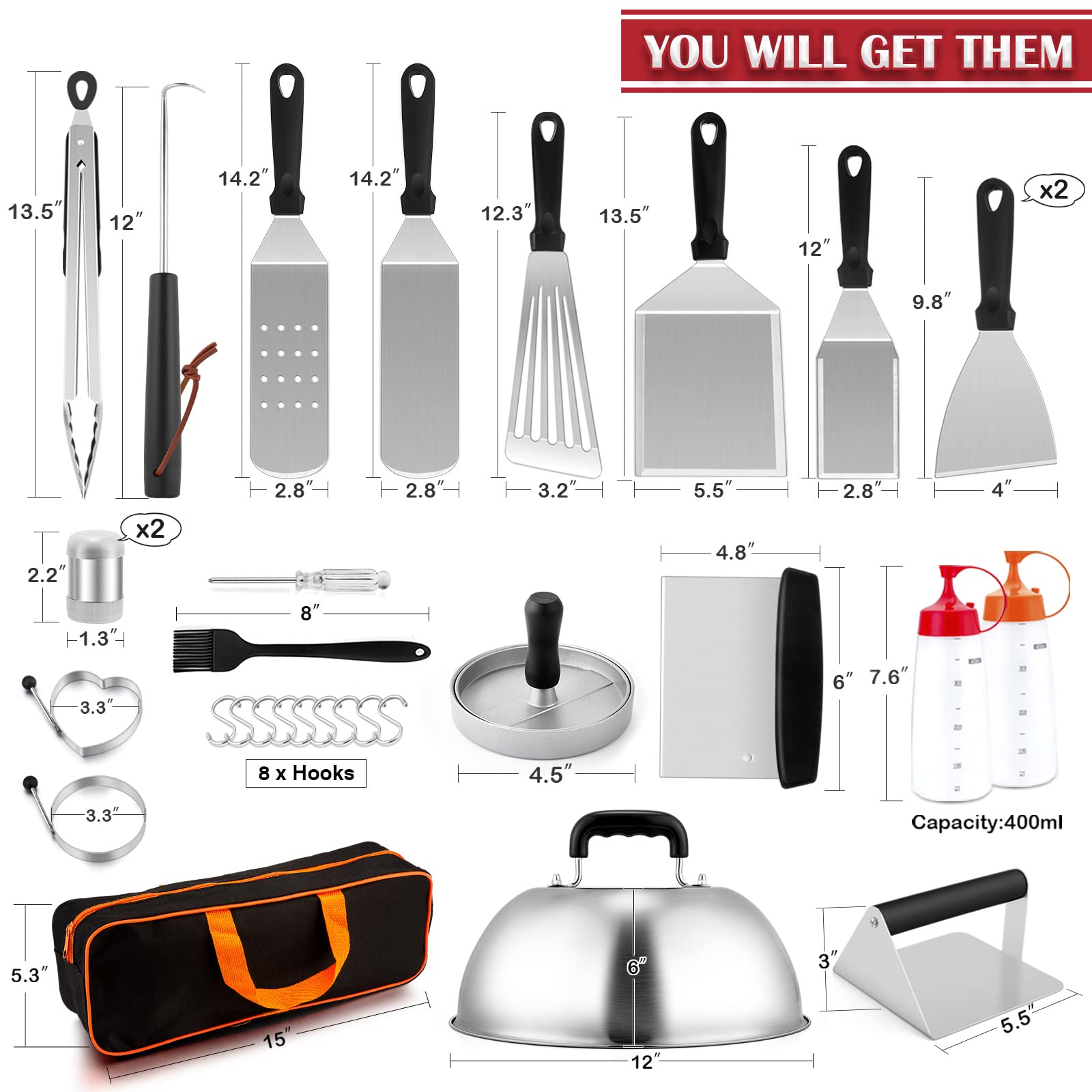 Joyfair 30Pcs Premium Griddle Accessories Kit - Stainless Steel BBQ Flattop Grill Tools Set with Melting Dome, Basting Cover, Burger Press & Turner Spatula for Outdoor Camping, Teppanyaki & Backyard Grilling | Perfect for Tailgating, Picnics & Home BBQ Parties