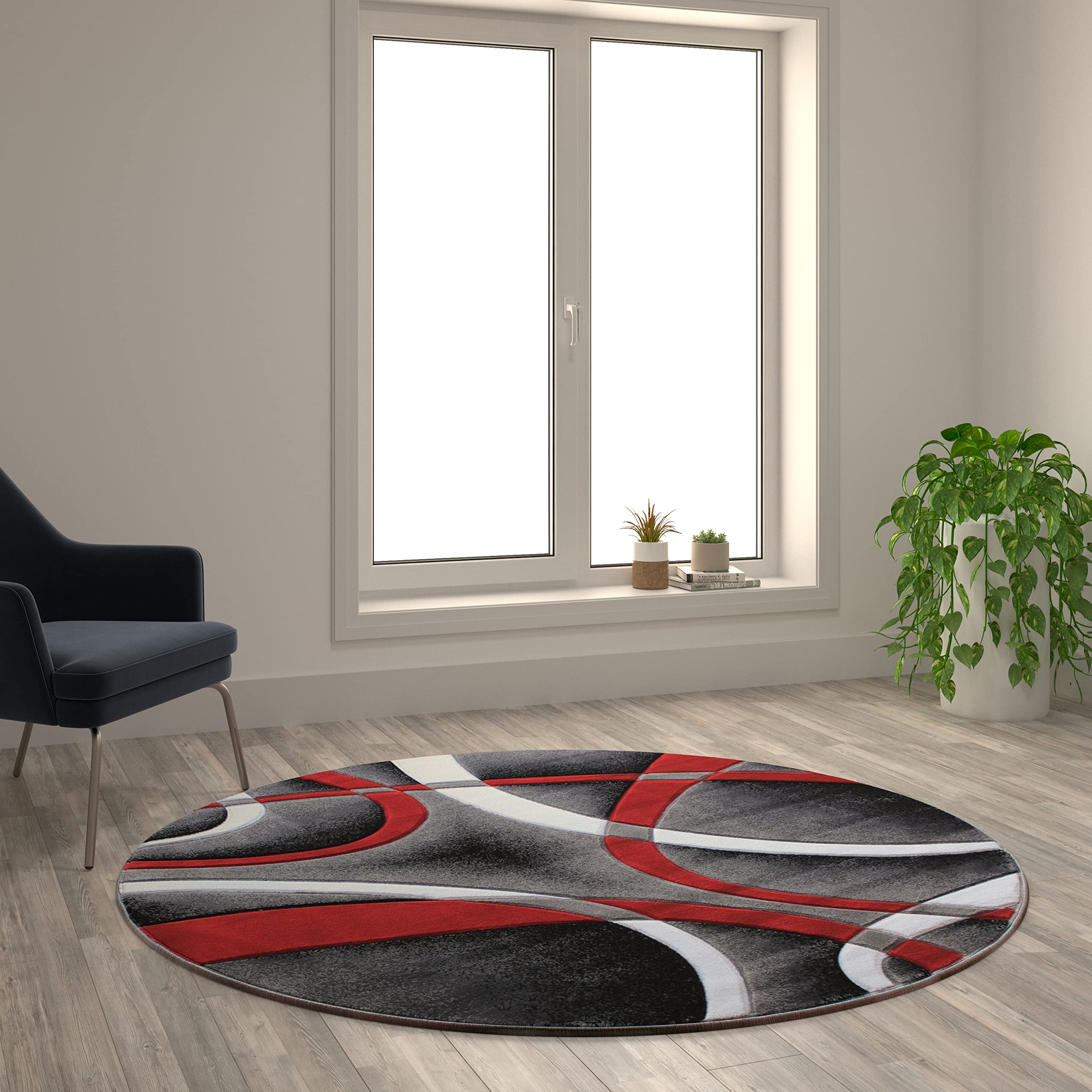 Flash Furniture Atlan Collection 5' x 5' Round Abstract Area Rug - Soft High Pile Red Olefin Rug with Jute Backing - Perfect for Hallway, Entryway, Bedroom & Living Room Decor