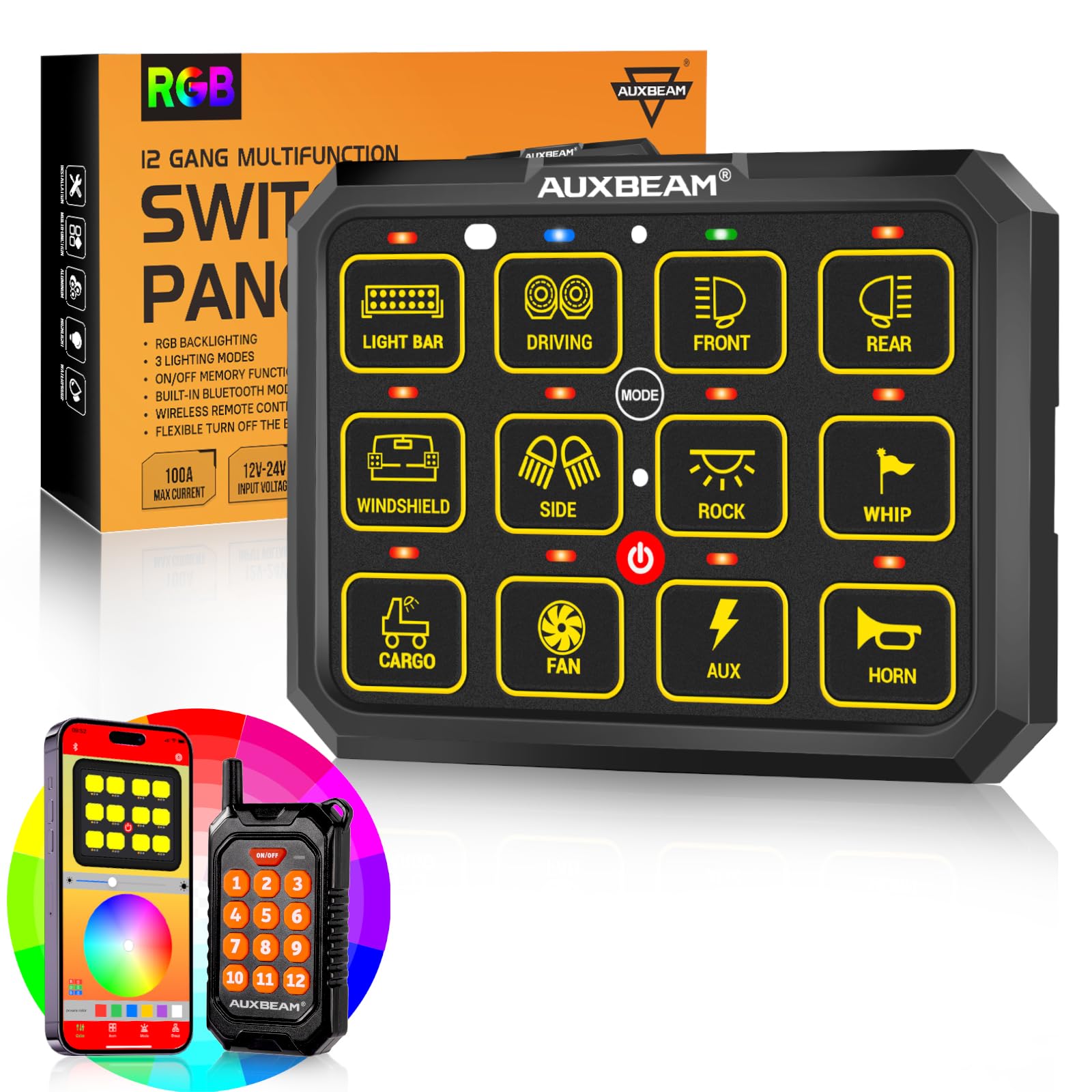 Auxbeam 12 Gang Switch Panel Bluetooth RGB AC-1200 with APP & Remote Control - Toggle/Momentary/Pulsed Switch Pod for Truck, Offroad, UTV, ATV, Car, Marine (12-24V Waterproof) - Perfect for Off-Roading, Camping & Marine Adventures - 2 Year Warranty