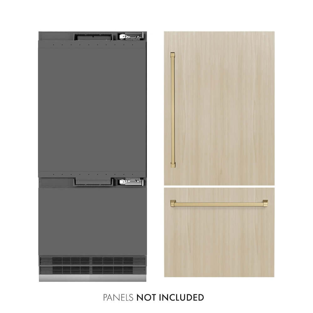 ZLINE Autograph Edition 36 Inch Panel Ready Built-In Bottom Freezer Refrigerator - 19.8 cu.ft Capacity, Water Dispenser & Ice Maker, Graphite Gray Interior with Champagne Bronze Accents (GRBITZ 36 CB) - Perfect for Modern Kitchens, Open Concept Homes & Luxury Appliances Collection