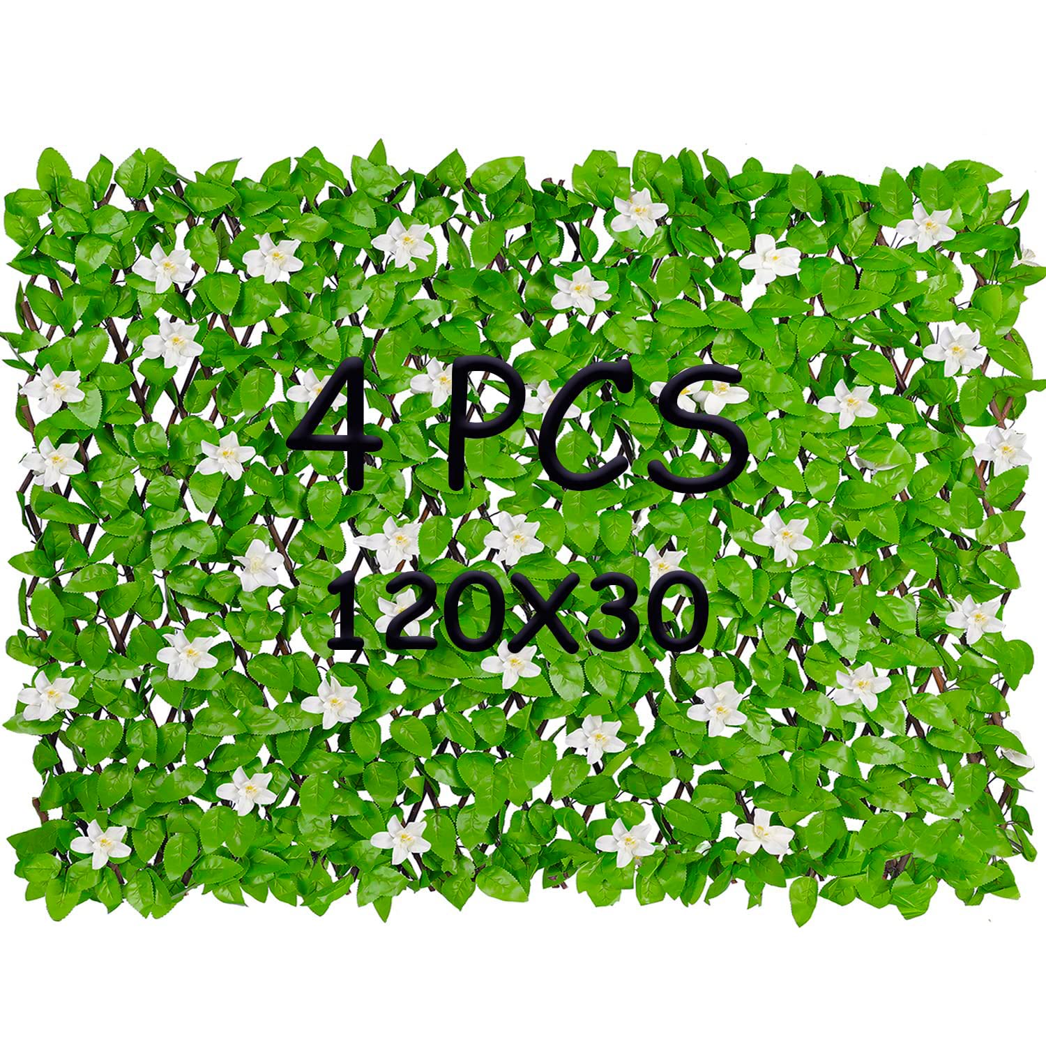 4 Pack Expandable Fence Privacy Screen - Decorative Artificial Ivy Greenery Fencing Panel for Balcony, Patio & Outdoor Spaces - UV Resistant Faux Hedges with White Flowers (Single Sided Leaves) - Perfect for Backyard Privacy, Deck Screening & Garden Decor