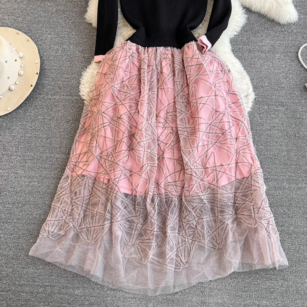 Vintage Long Sleeve Round Neck Knit A-Line Mesh Dress for Women - Fall Winter Fashion, Casual Party Wear, Office Outfit & Holiday Style