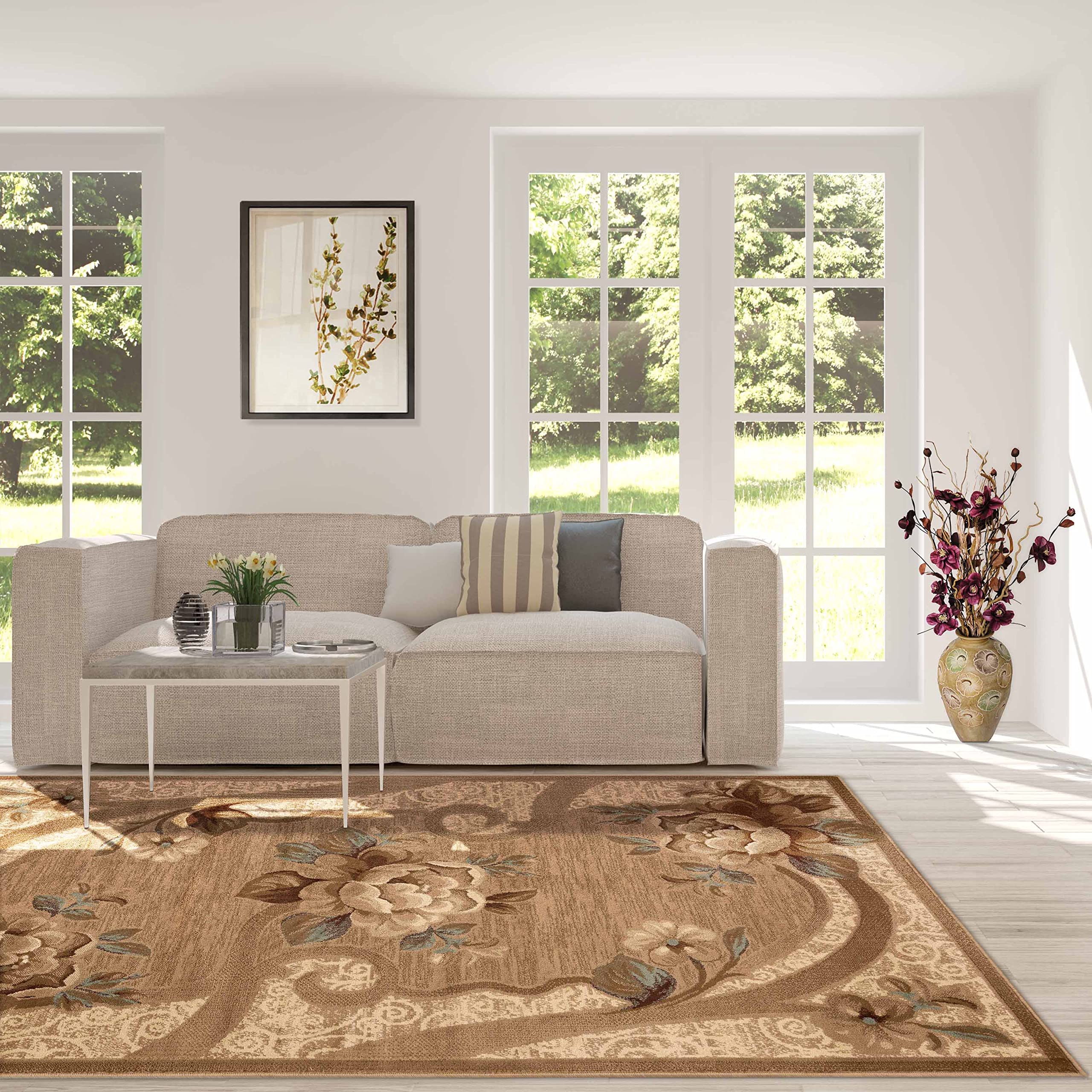 Premium Indoor Area Rug with Jute Backing - Soft Plush Modern Farmhouse Design for Entryway, Living Room, Kitchen & Bedroom | Floral Scroll Pattern (Rinceau Collection) 4' x 6' Brown Ivory - Perfect for Cozy Home Decor & High-Traffic Areas