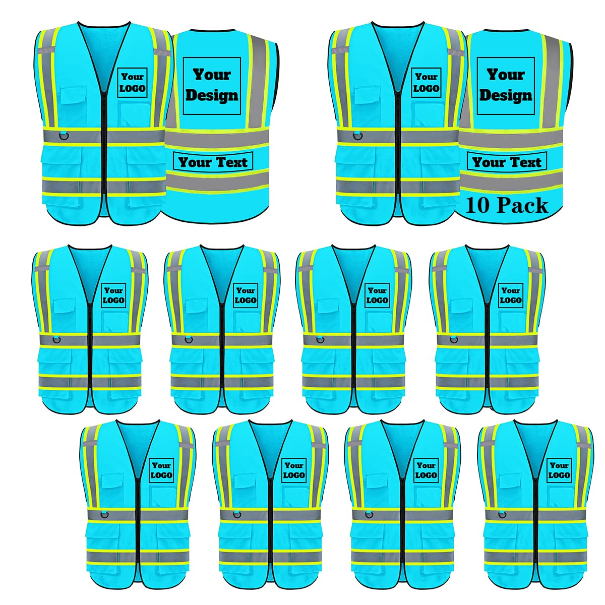 Custom Logo Reflective Safety Vest with 5 Pockets & Zipper - High Visibility Work Vest for Outdoor Construction, Road Work & Night Running - ANSI Certified Safety Gear