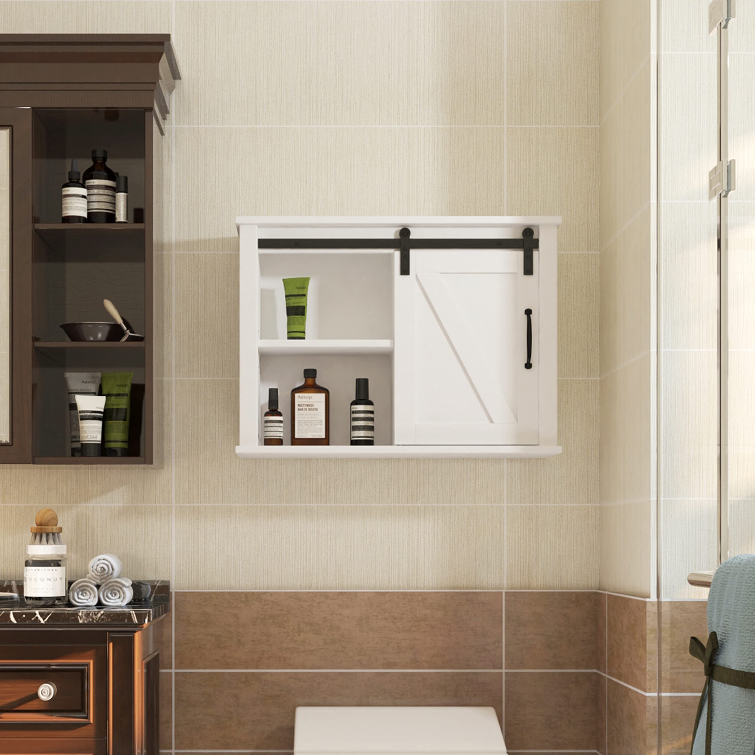 Wooden Bathroom Wall Cabinet with 2 Adjustable Shelves & Barn Door - Space Saving Storage Organizer for Towels, Toiletries & Bath Essentials - Perfect for Small Bathrooms, Powder Rooms & Vanity Areas