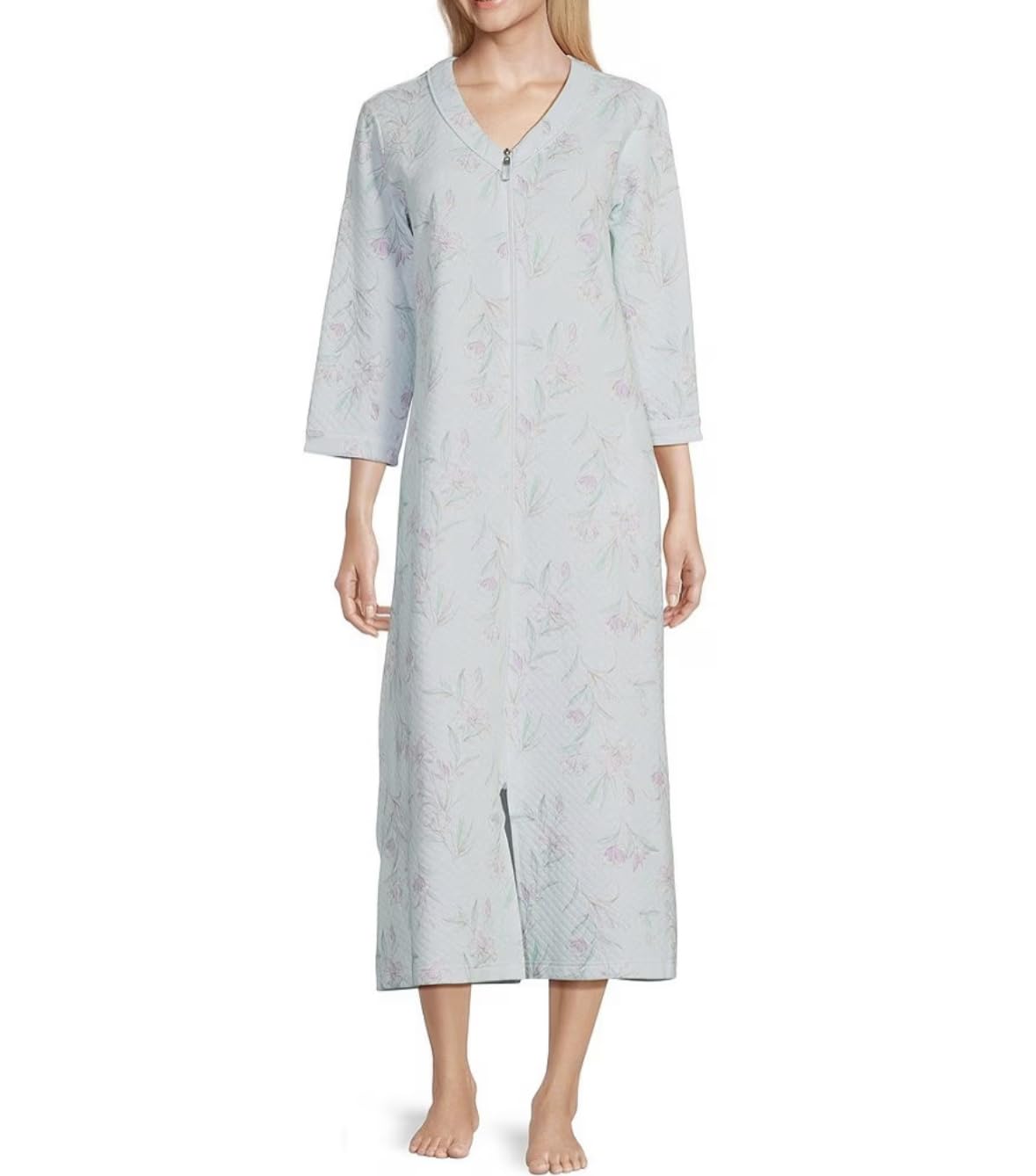 Miss Elaine Women's Printed Quilt-In-Knit Long Zip Robe - Soft Cozy Bathrobe with Pockets for Women, Perfect for Spa, Lounging & Relaxing at Home