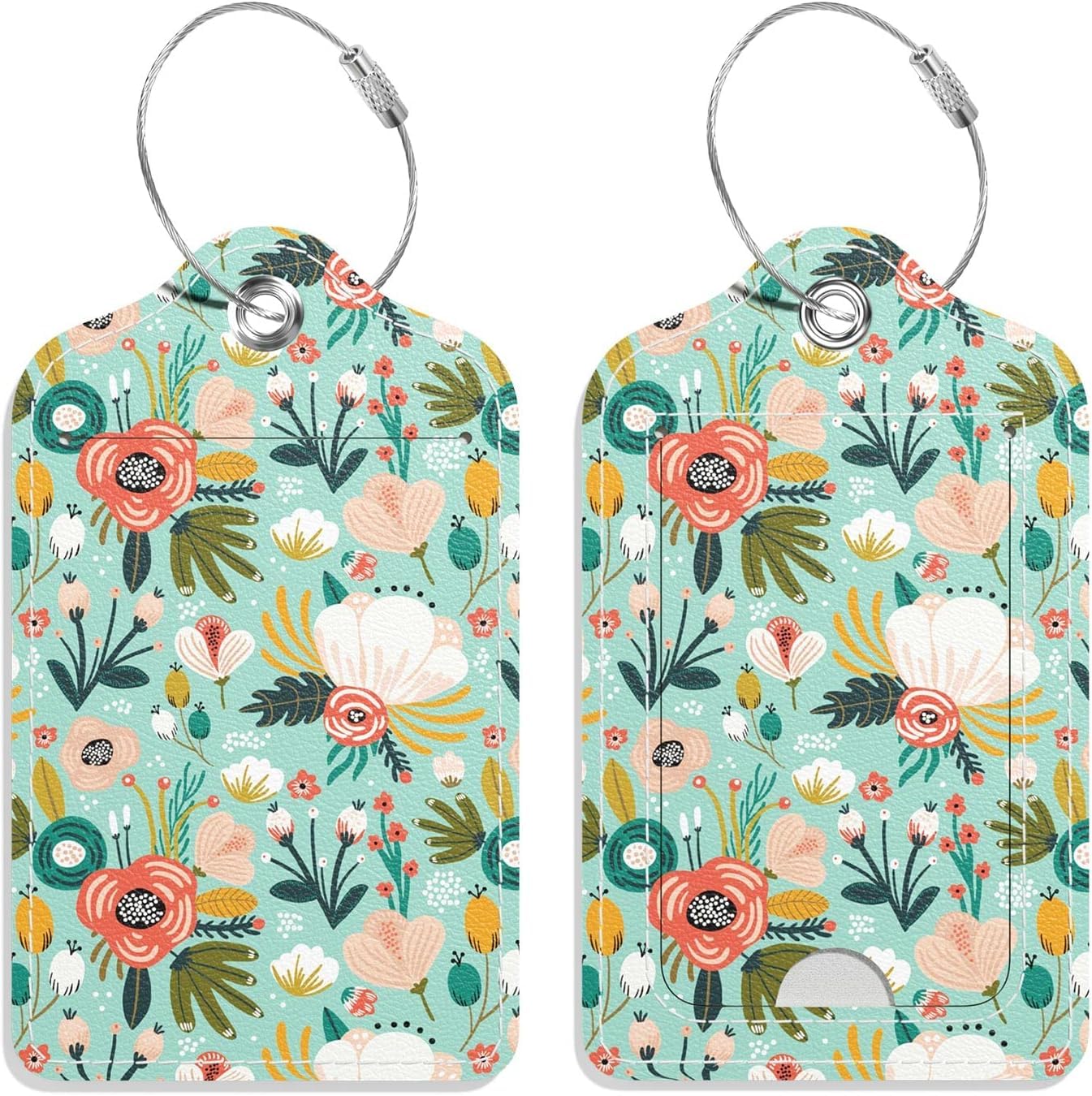 2 Pack PU Leather Luggage Tags for Suitcases - Privacy Flap ID Tags with Metal Loop for Travel, Cruise, Backpacks & Instruments (Green Floral Design) - Perfect for Airports, Hotels & Vacation Identification