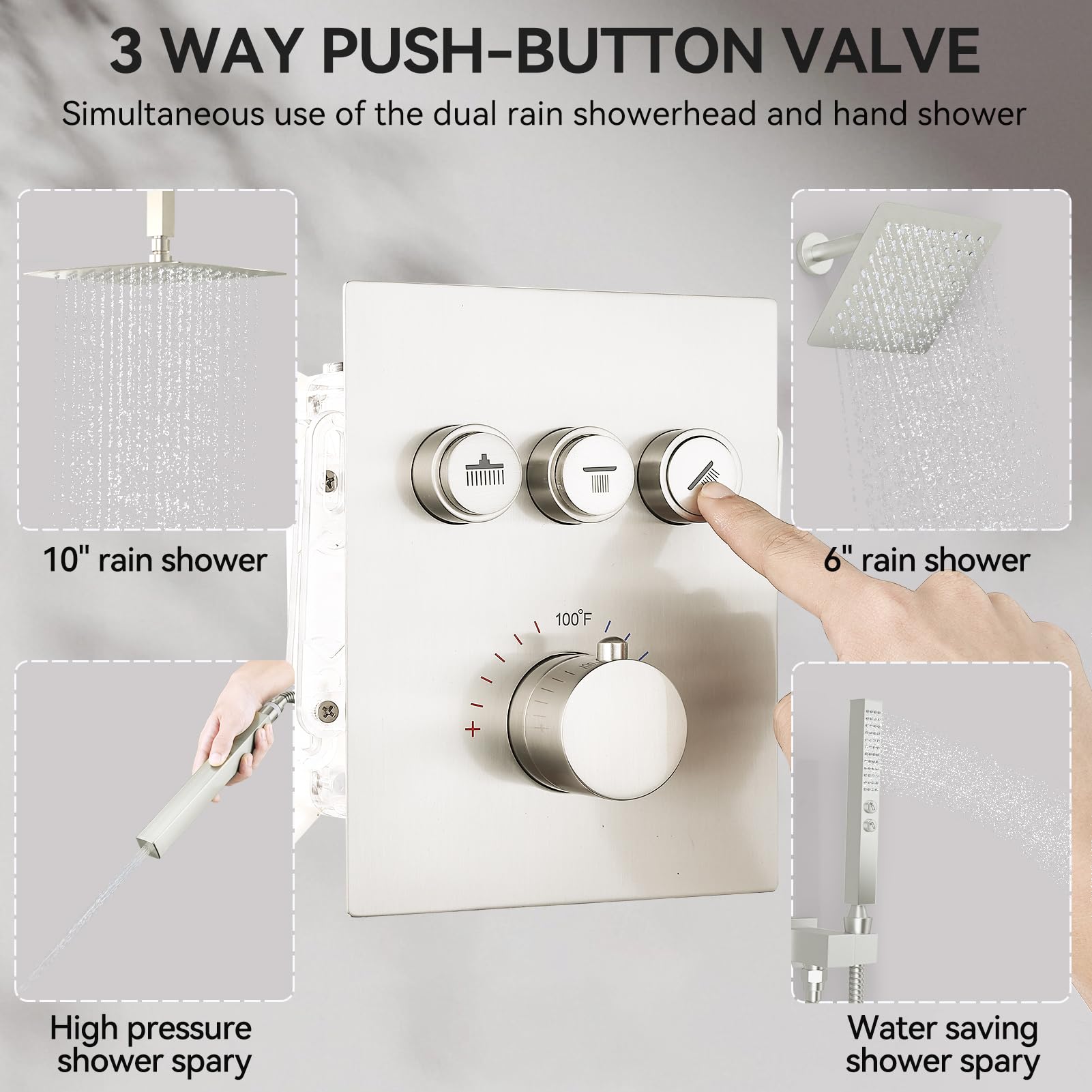 Brushed Nickel Thermostatic Shower System - 10