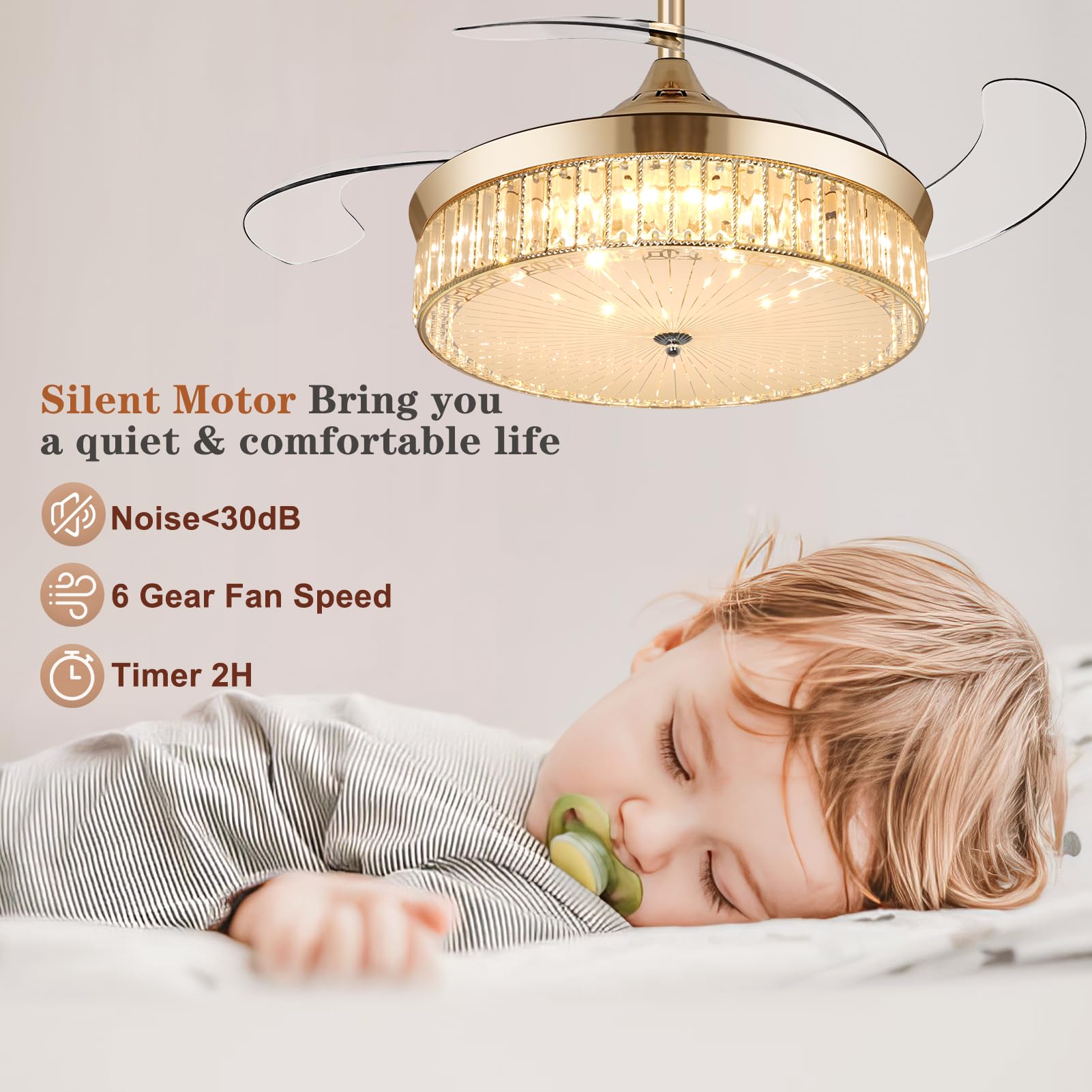 Ohniyou 42 Inch Retractable Ceiling Fan with Lights Remote Control, Crystal Chandelier Ceiling Light Fixture, Dimmable Fandelier for Bedroom Living Room Dining Room Indoor Use (Gold) - Perfect for Home Cooling and Stylish Lighting Decor