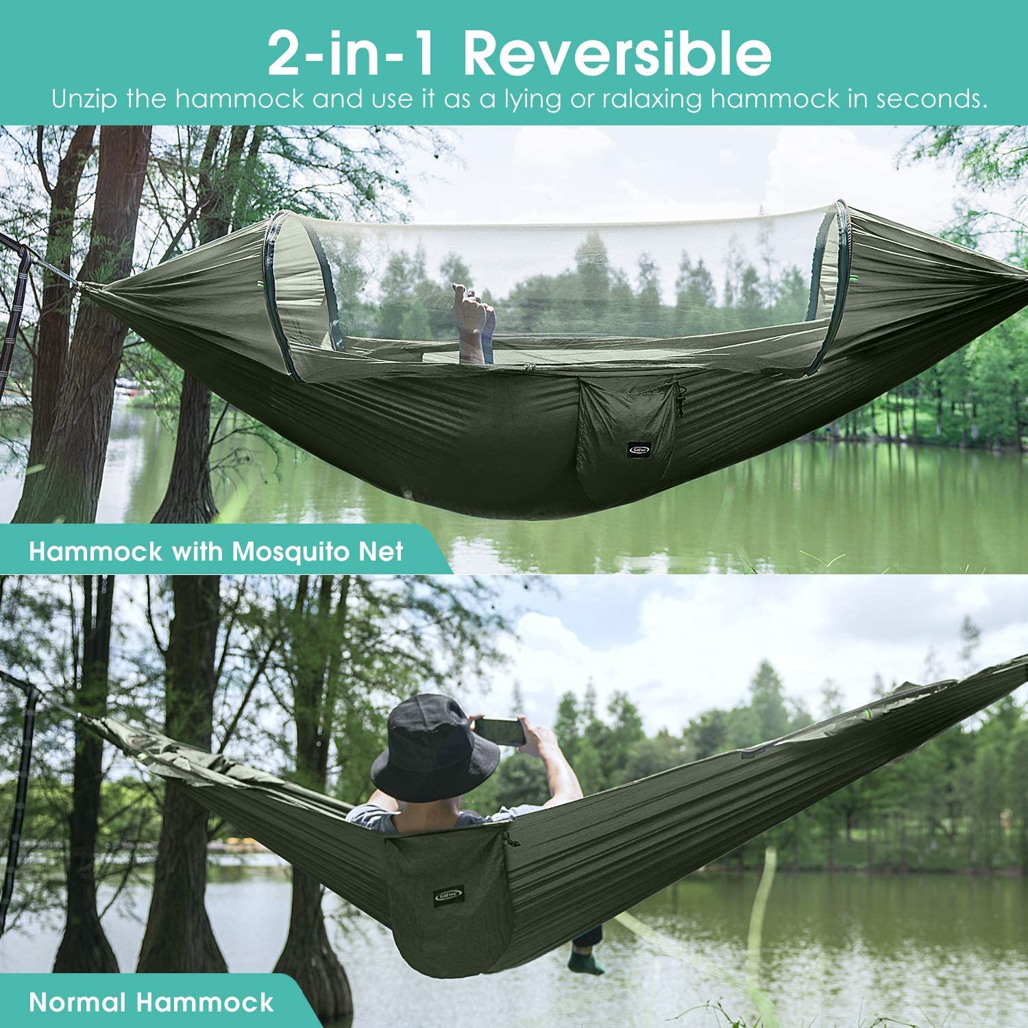 G4Free 2-Person Large Camping Hammock with Mosquito Net & Underquilt - Lightweight Parachute Hammock for 4-Season Outdoor Use - Perfect for Backpacking, Hiking, Backyard Relaxation & Winter Camping