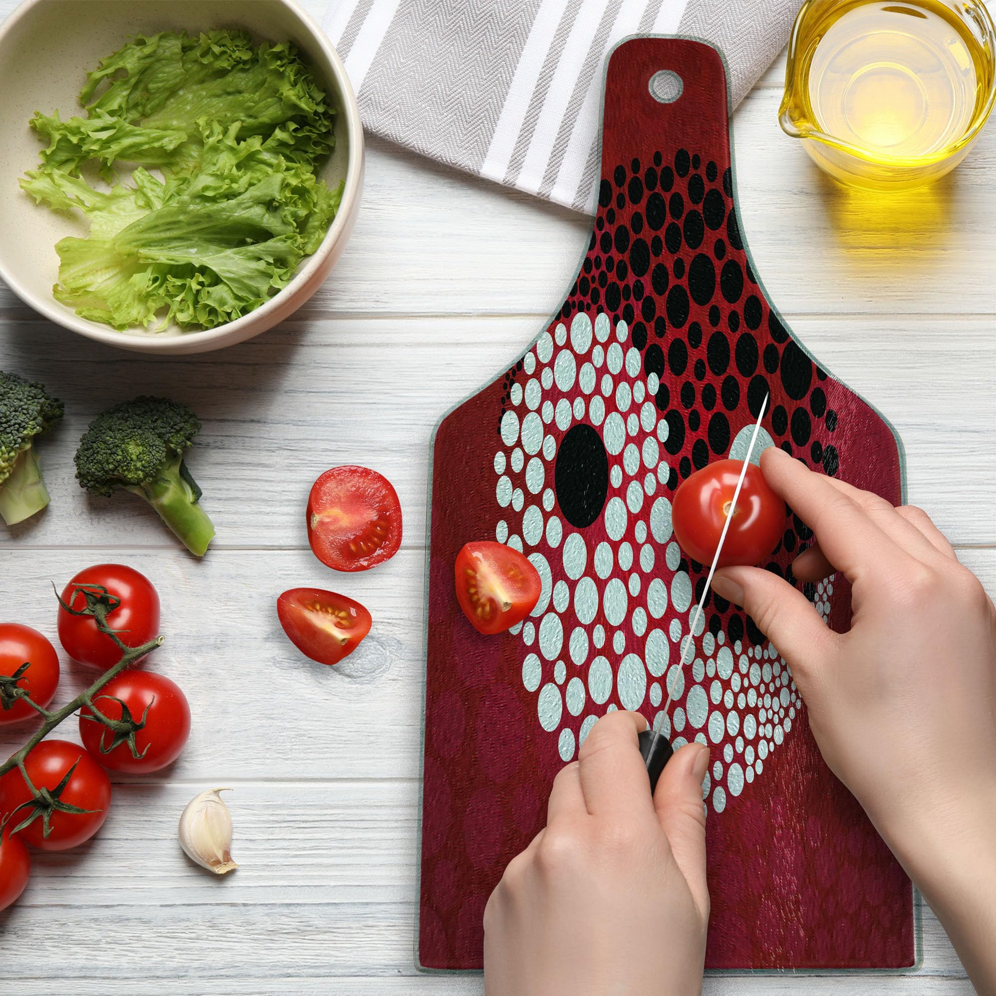 Ambesonne Yin Yang Tempered Glass Cutting Board - Black and White Abstract Design with Dots Pattern for Kitchen & Serving - Wine Bottle Shape Decorative Board for Cheese, Charcuterie & Entertaining