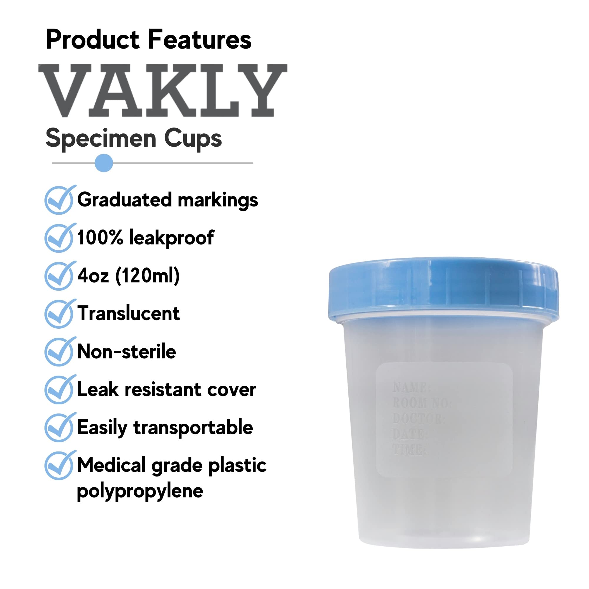 Vakly 4oz Leak-Proof Screw Top Specimen Cups - Pack of 500 Non-Sterile Urine Sample Containers with Blue/Green Lids | Medical Testing, Lab Samples, Home Health Monitoring