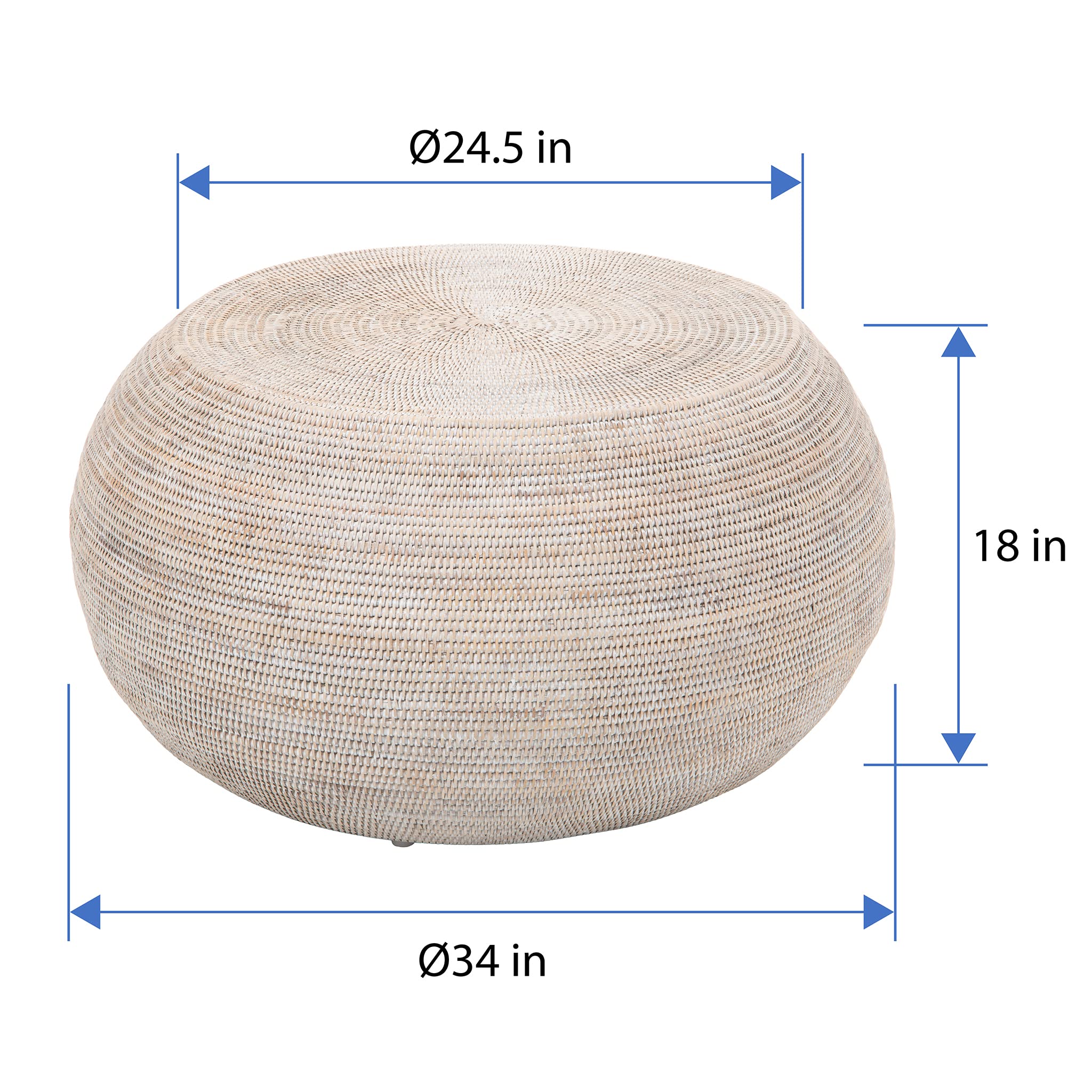 KOUBOO La Jolla Round Rattan Coffee Table - Natural Woven Drum End Side Table for Living Room, Bedroom & Patio - Whitewashed Boho Home Decor - Perfect for Cozy Seating Areas & Outdoor Spaces