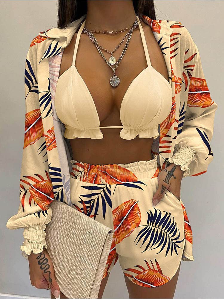 Women's Hawaiian 3-Piece Outfit Set - Floral Print Blouse, Casual Mini Shorts & Tank Top | Summer Beachwear, Vacation Outfit, Tropical Party Dress