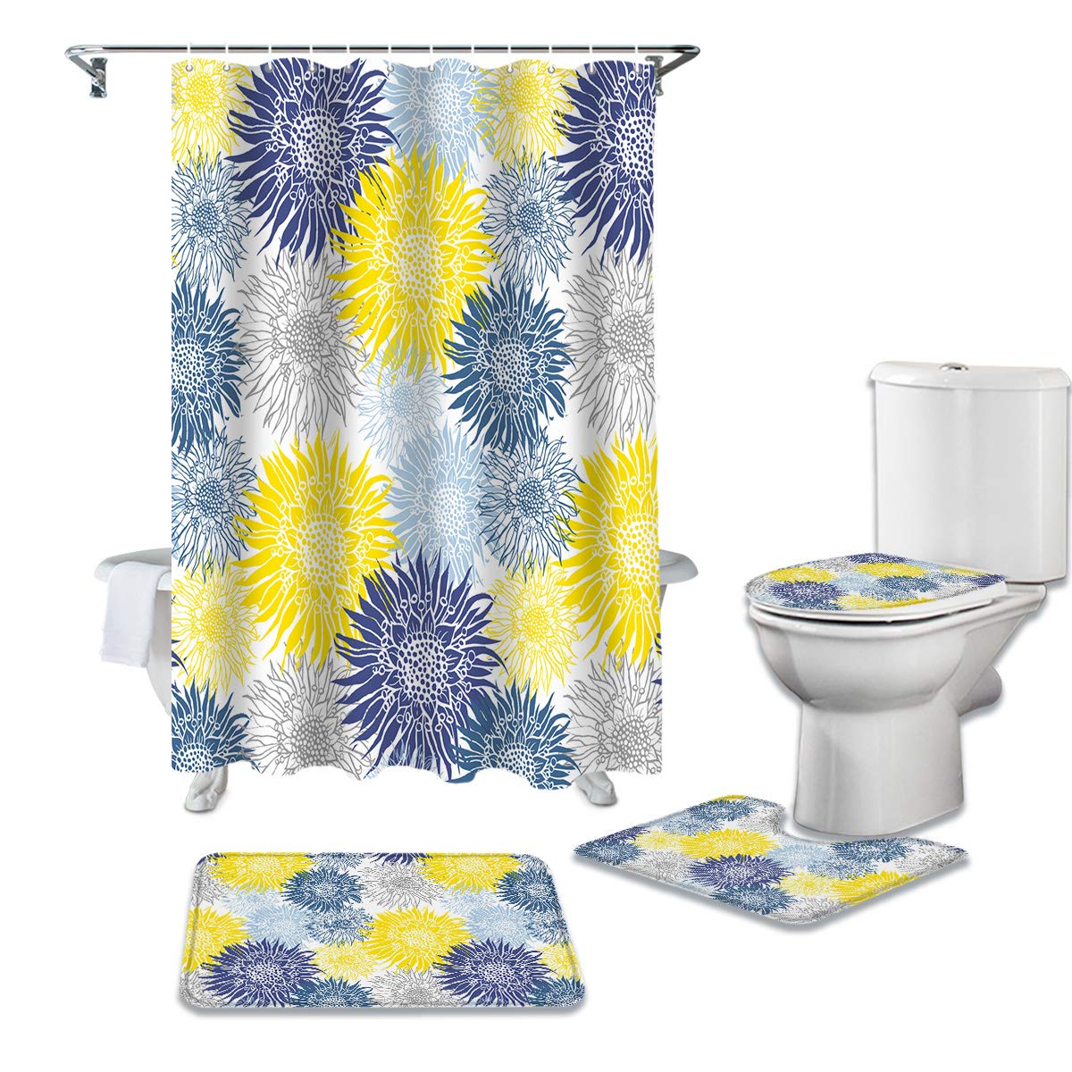 **4-Piece Sunflower Shower Curtain Set with Non-Slip Bath Rugs & Toilet Cover - Waterproof 72x72 Inch Bathroom Decor for Kids & Adults - Perfect for Farmhouse, Boho, or Vintage Style Bathrooms**