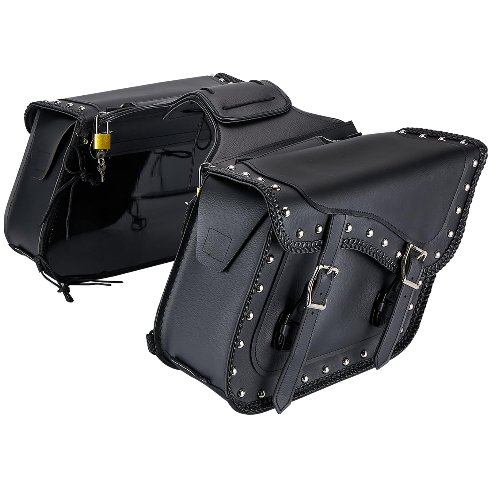 **Dream Apparel Faux Leather Motorcycle Saddle Bags with Studs - Throw Over PVC Side Bags for Honda Shadow, Sportster, Softail, Dyna, V-Star (Black) - Perfect for Cruiser & Touring Bikes**