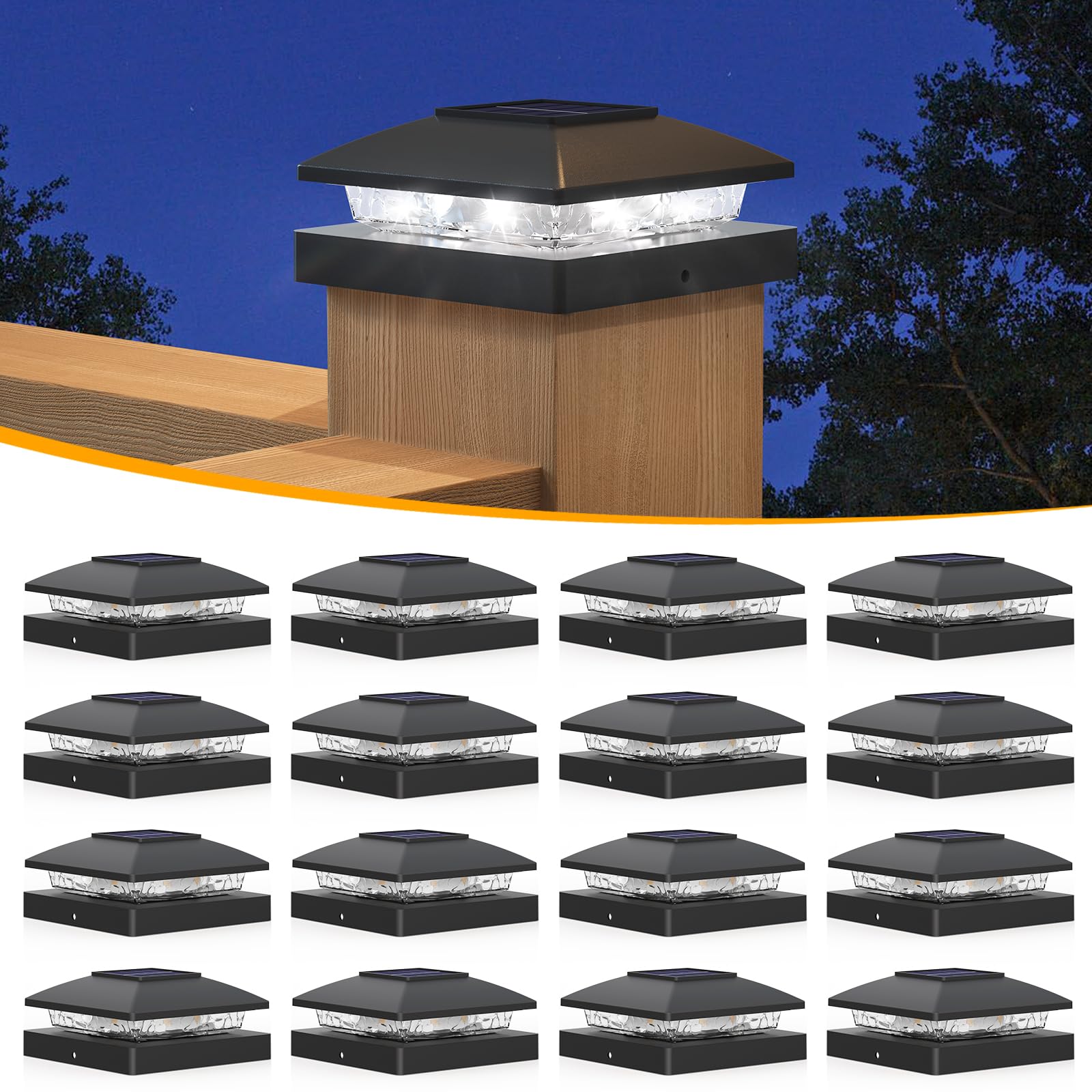 **APONUO 16-Pack Black Solar Post Cap Lights for 4x4 Wood & Vinyl Fences – Cool White Waterproof Outdoor Lighting for Garden, Patio, Deck & Fence Decor – Energy-Efficient Solar Lights for Nighttime Ambiance**