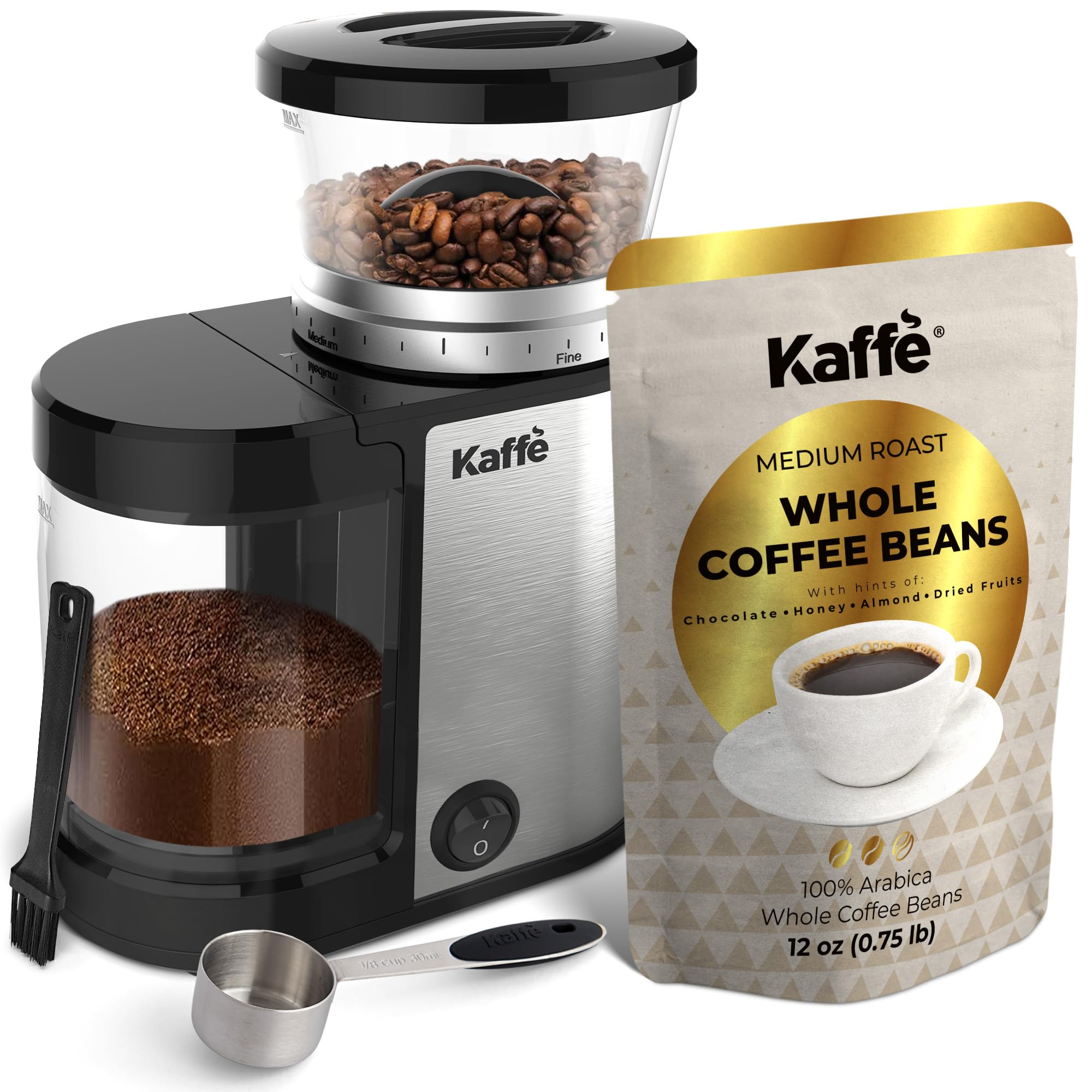 Premium Kaffe Electric Burr Coffee Grinder with Adjustable Coarseness (5.5oz) & Medium Roast Colombian Arabica Coffee Beans (12oz) Bundle - Chocolate & Almond Notes - Perfect for Home Brewing, Office Use & Gifts