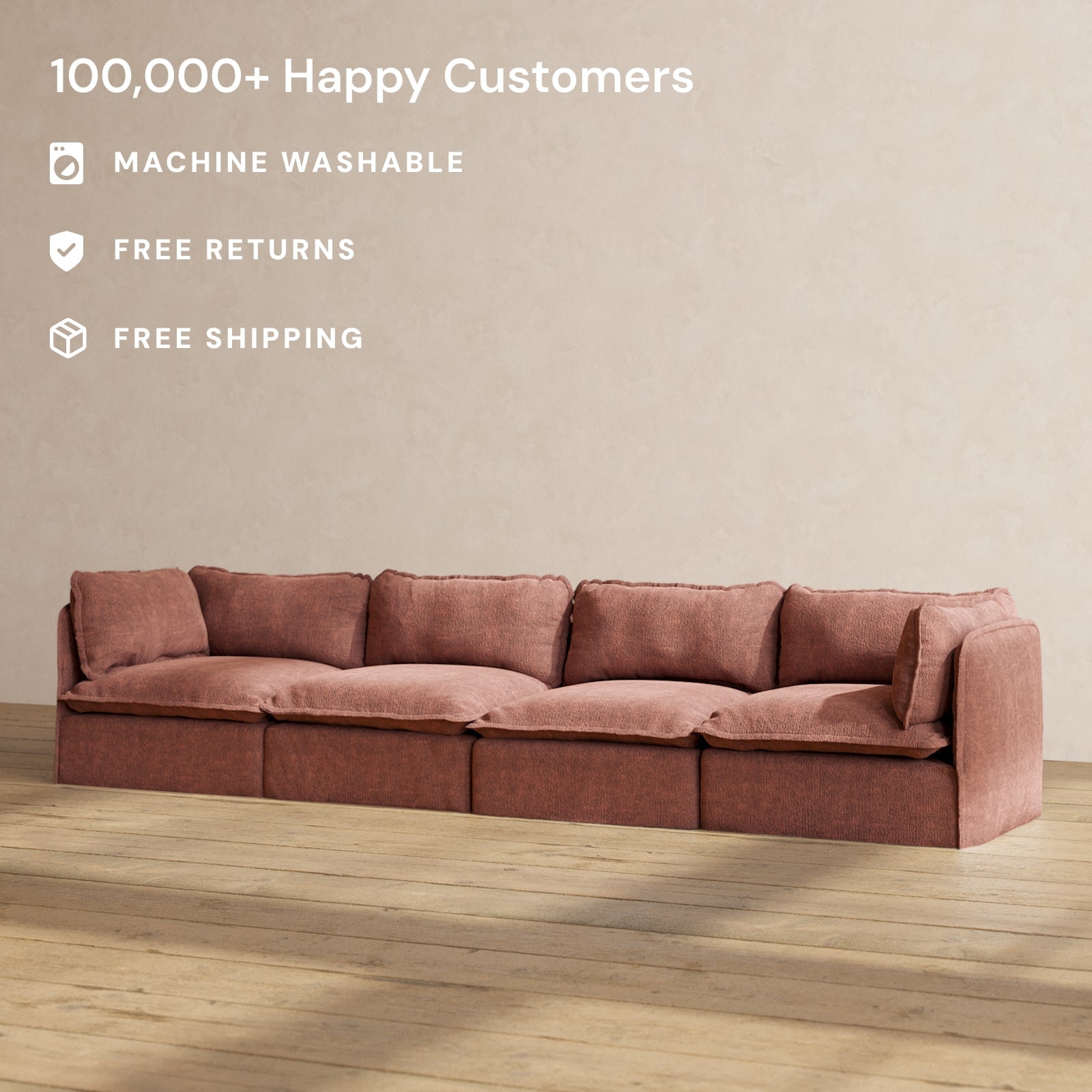 Premium Modular Performance 4-Seater Sofa in Rich Chestnut Brown | Luxurious Relaxed Blend Fabric | Perfect for Living Rooms, Home Theaters & Cozy Family Gatherings