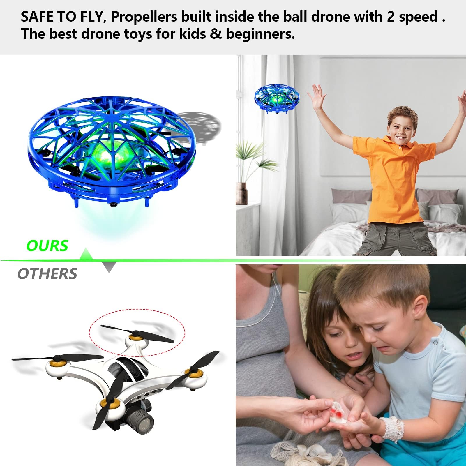 Kiztoys UFO Mini Drone for Kids - LED Light Up Flying Ball Toy with Hand Spinner, Indoor Outdoor RC Drone Gift for Boys Girls Teens | Birthday Party, Backyard Play, STEM Learning Toy