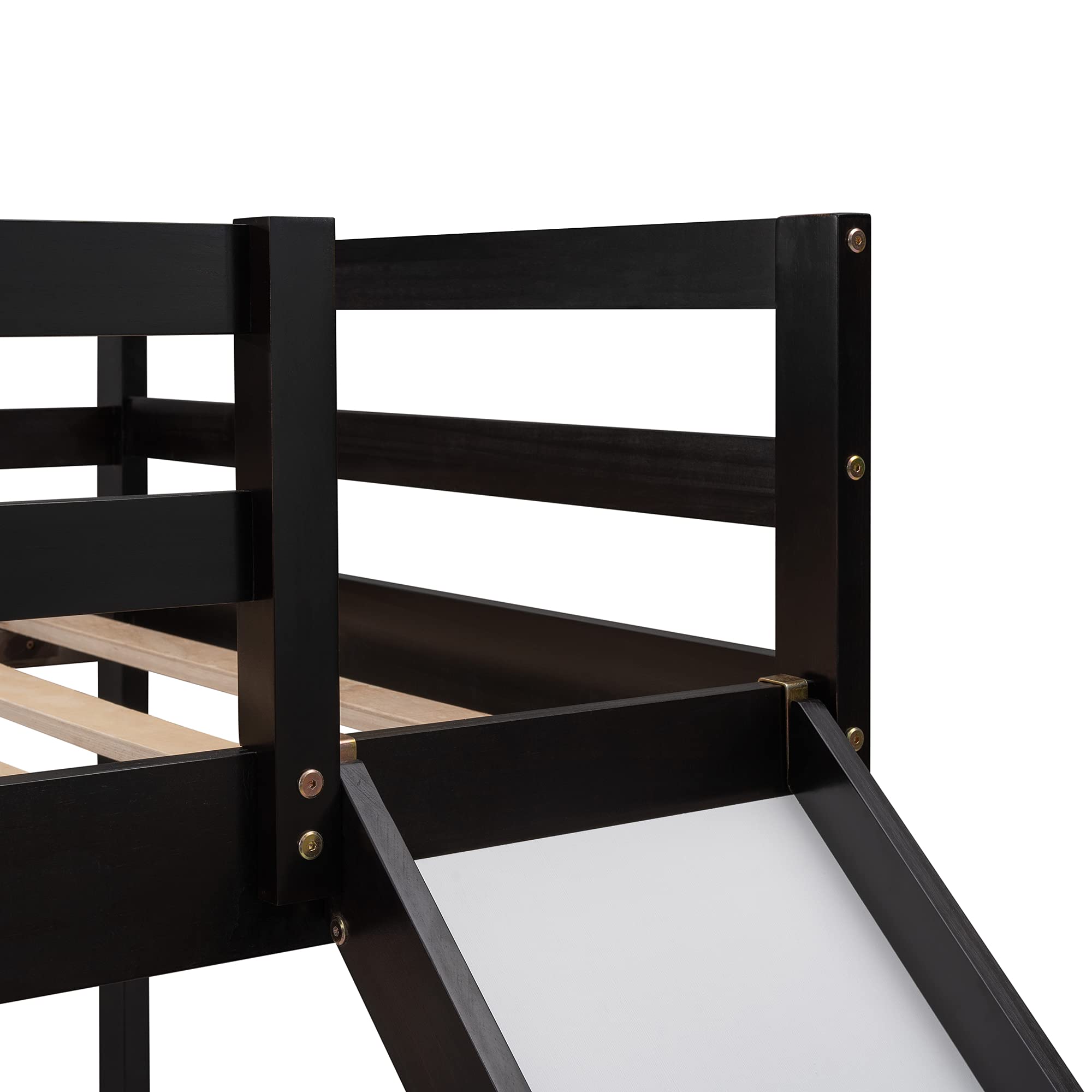 Twin Over Twin Bunk Bed with Slide - Wooden Low Bunk Bed Frame with Ladder & Safety Rail for Kids, Toddlers, Boys & Girls - Espresso Finish - Perfect for Kids' Bedrooms, Sleepovers & Space-Saving Solutions