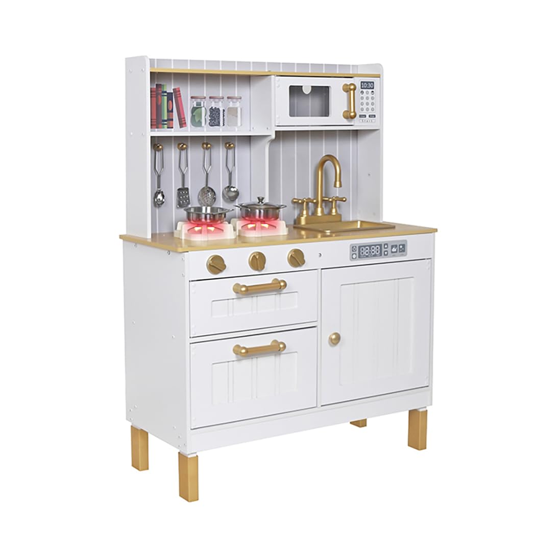 Wooden Toddler Kitchen Playset with 6-Piece Cooking Accessories - Kids Pretend Play Kitchen with Pots, Pans, Stove & Sink - Interactive Mini Kitchen Toy with Lights & Sounds for Boys & Girls Ages 3+ - Perfect for Imaginative Play, Role-Playing & Early Learning Development