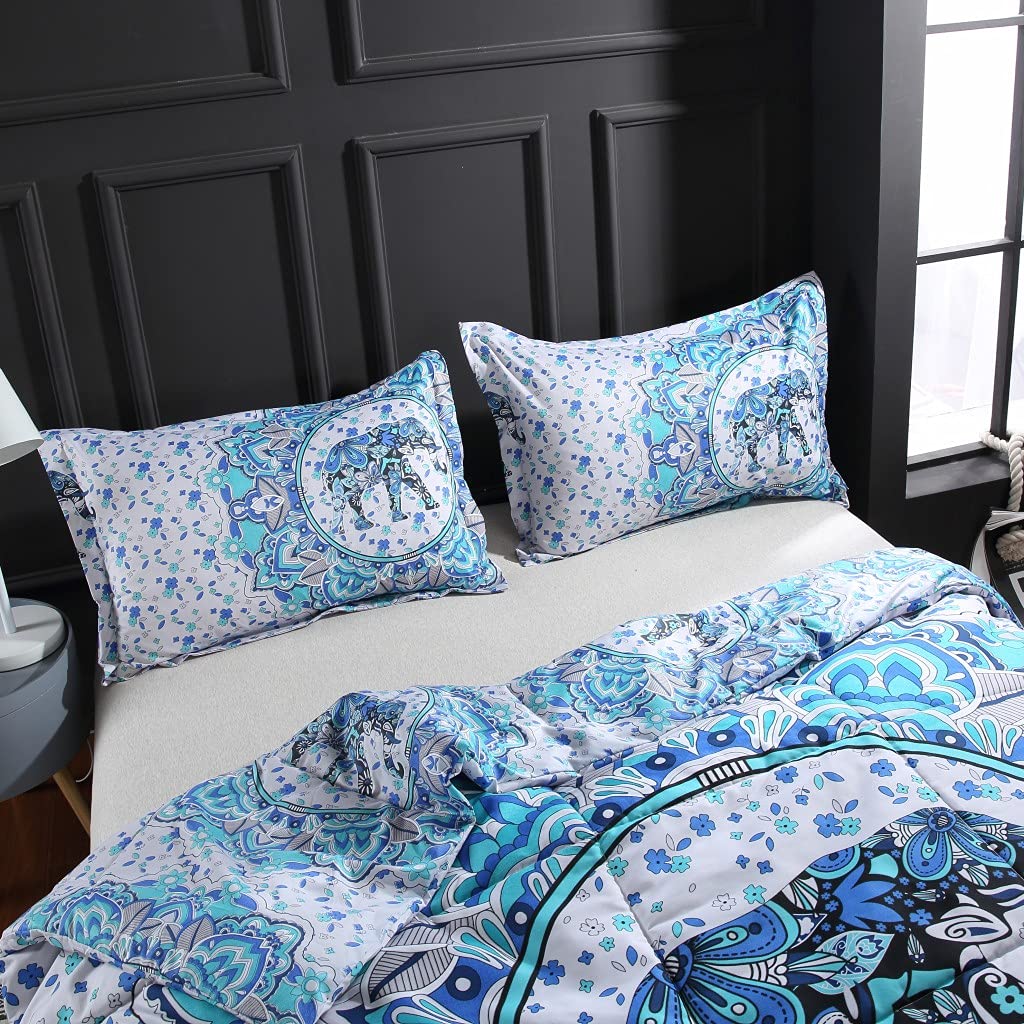 Teal Blue Elephant Bohemian Paisley Comforter Set - Soft Reversible All-Season Boho Hippie Geometric Bedding for Twin Bed (3-Piece) | Perfect for Bohemian Bedroom Decor & Guest Room Styling