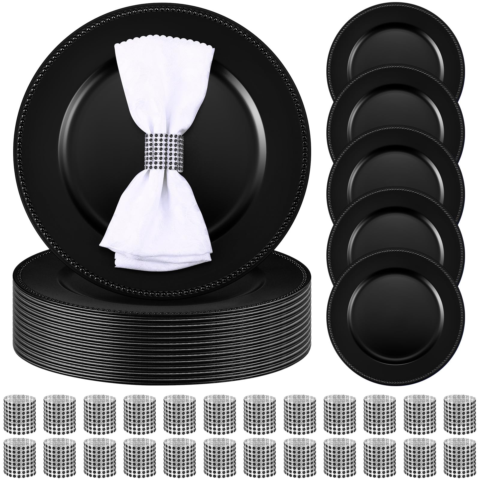 100 Pcs 13 Inch Black Plastic Charger Plates with Napkin Rings Set - 50 Beaded Plate Chargers & 50 Napkin Rings - Elegant Dinnerware for Wedding, Party & Formal Table Settings - Bulk Disposable Charger Plates for Events & Catering