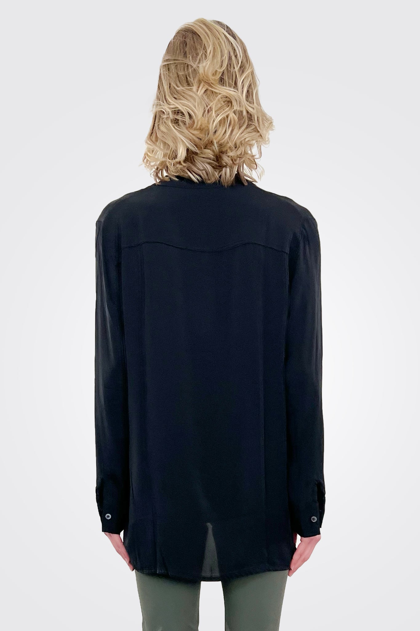 Black 3/4 Sleeve Button Down Silk Blouse for Women - Elegant Office Wear & Evening Outfits