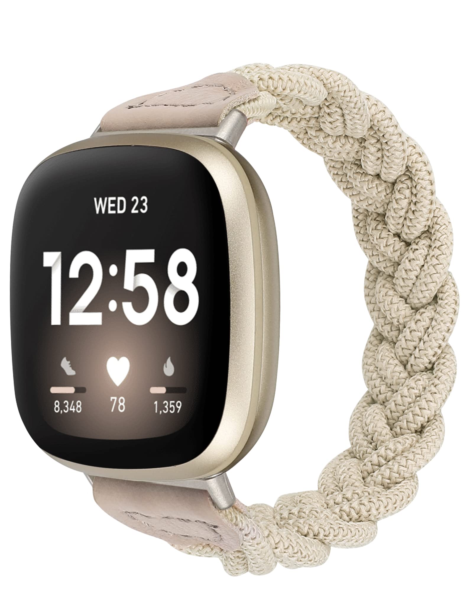 Elastic Braided Strap for Fitbit Sense/Versa 3/Sense 2/Versa 4 - Slim Solo Loop Woven Wristband for Women (Khaki, Small) - Comfortable & Stretchy Fitness Tracker Accessory for Workouts, Running & Daily Wear