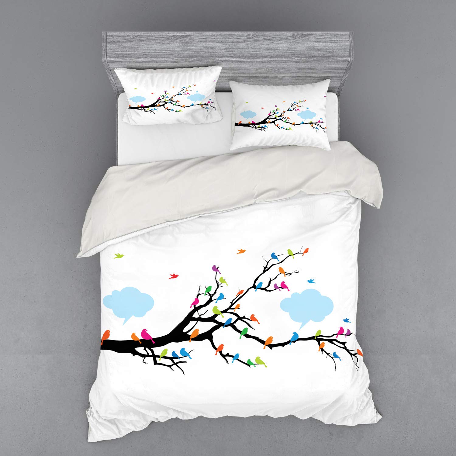 Ambesonne 4-Piece Queen Size Duvet Cover Set with Shams & Fitted Sheet - Colorful Winged Birds on Winter Tree Design, Soft Microfiber Bedding - Perfect for Cozy Winter Nights & Bird Lovers' Bedroom Decor