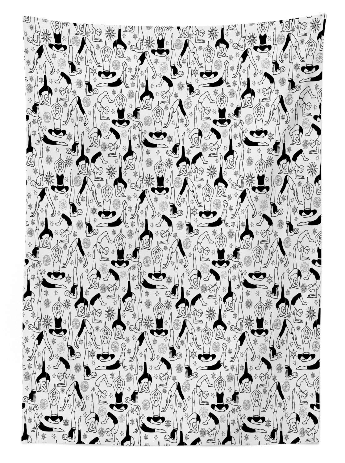 Ambesonne Yoga Inspired Outdoor Tablecloth - Monochrome Eastern Meditation Poses with Stars & Flowers Design, Washable Picnic Table Cover 58