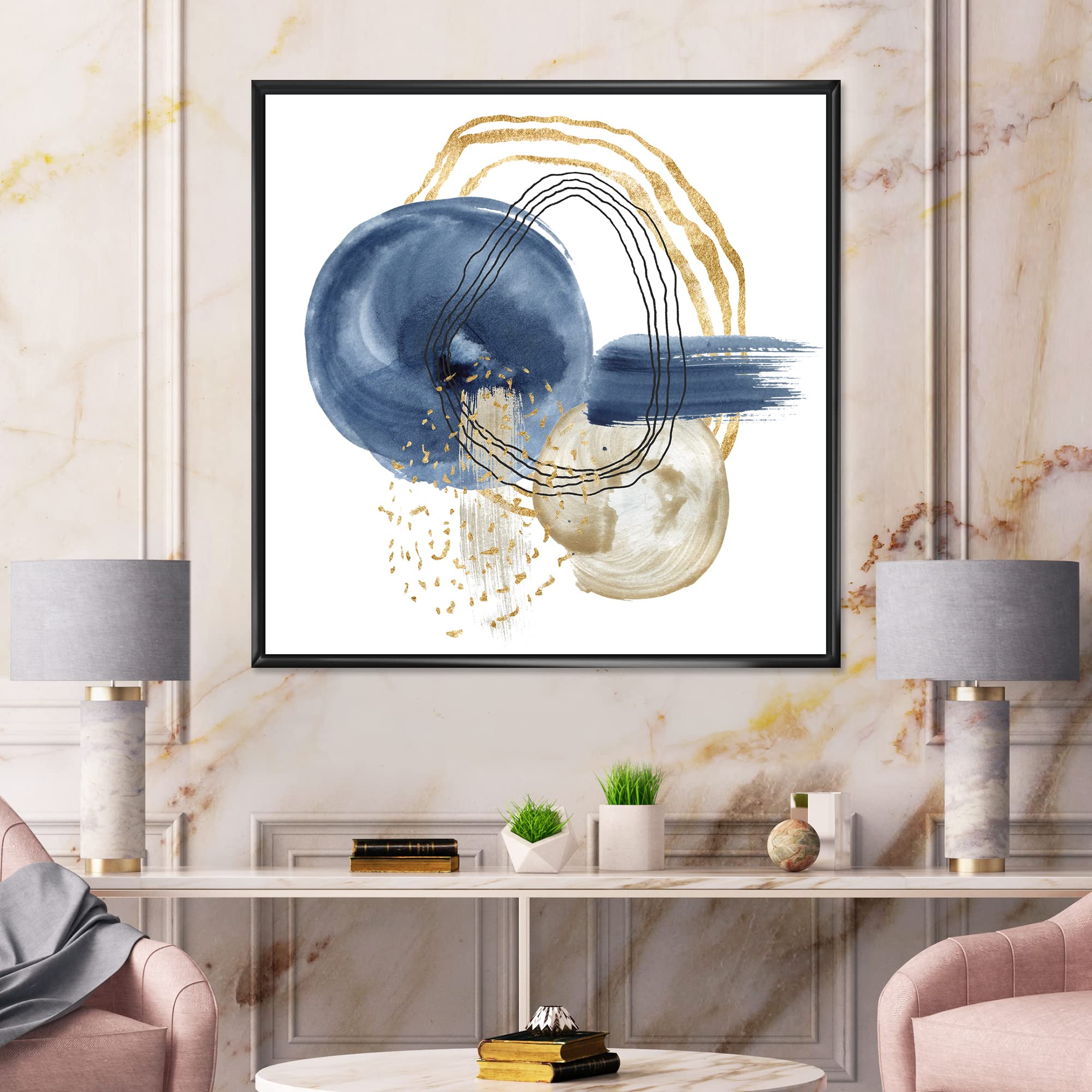 Abstract Dark Blue Gold & Black Underwater Life Canvas Wall Art - Modern Framed Ocean Painting for Living Room, Bedroom & Office Decor