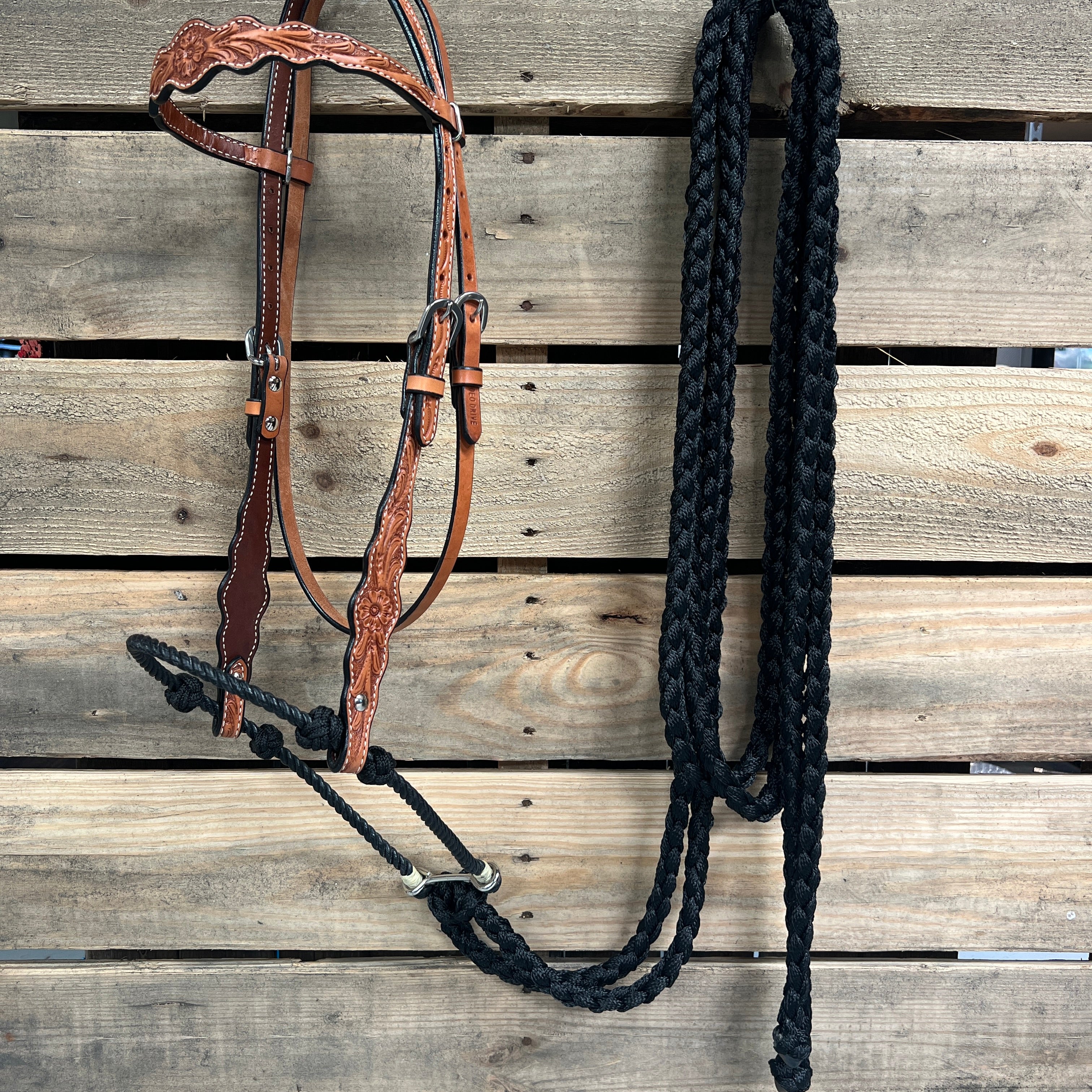 Floral Scalloped Black Leather Hackamore Bitless Bridle - Light Oil Finish #LHK025 for Western Riding and Horse Training