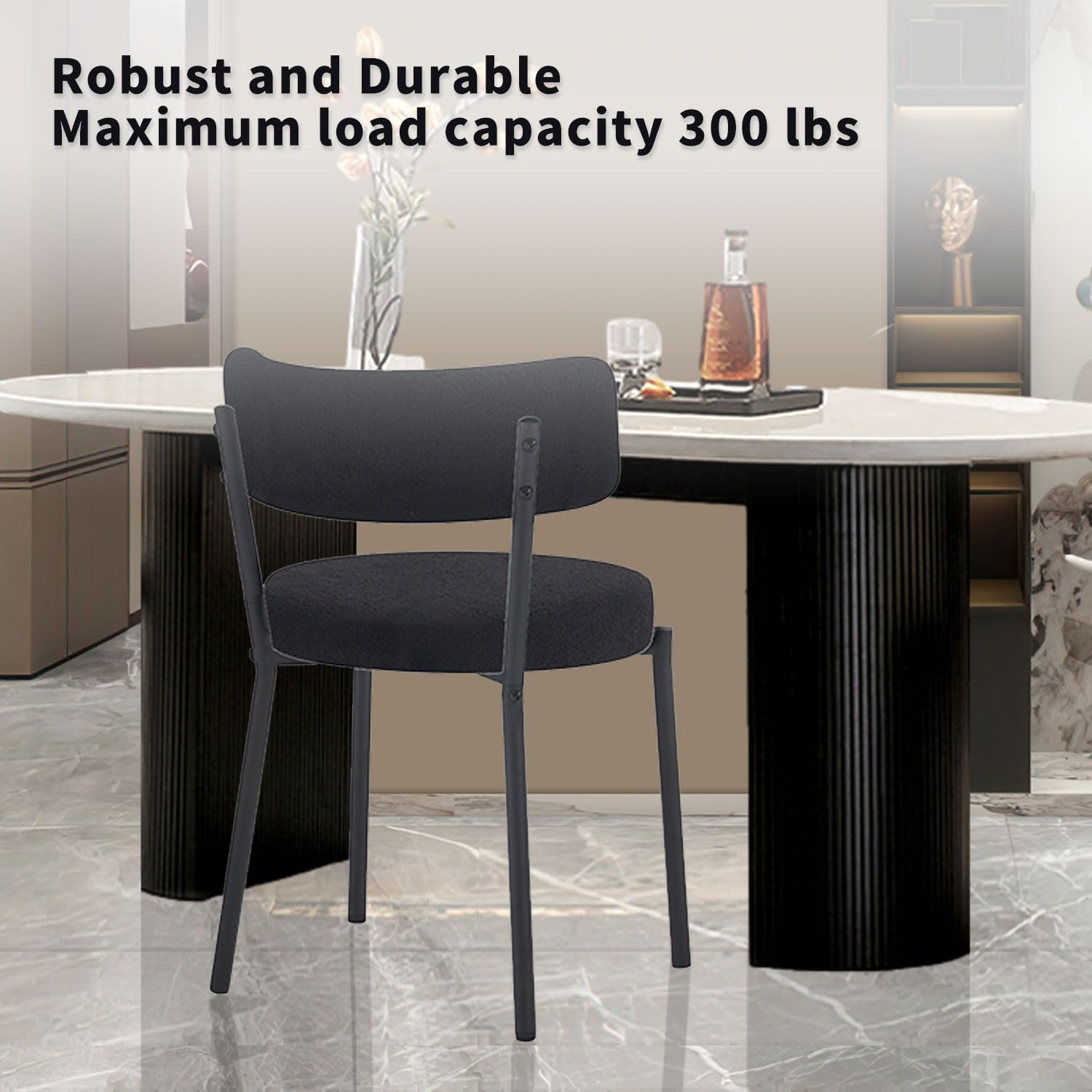 Modern Dining Chairs Set of 4 - Round Upholstered Boucle Sherpa Kitchen Chairs with Curved Backrest & Black Metal Legs | Mid-Century Style for Dining Room, Breakfast Nook & Small Space Decor