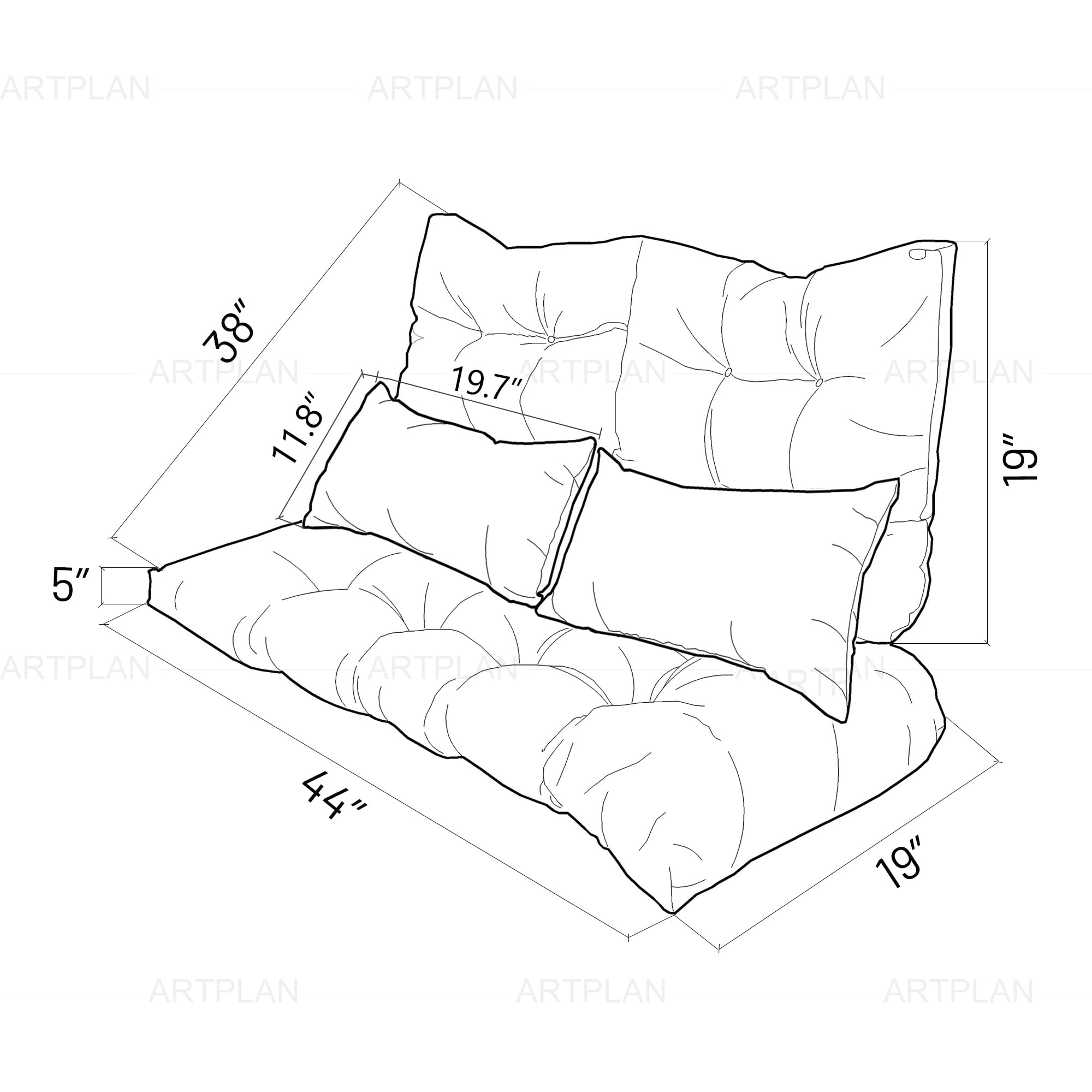 ARTPLAN All-Weather Outdoor Cushion Set - 5-Piece Loveseat & Bench Cushions with Wicker Tufted Design for Patio Furniture - Perfect for Garden, Deck, Poolside & Backyard Relaxation