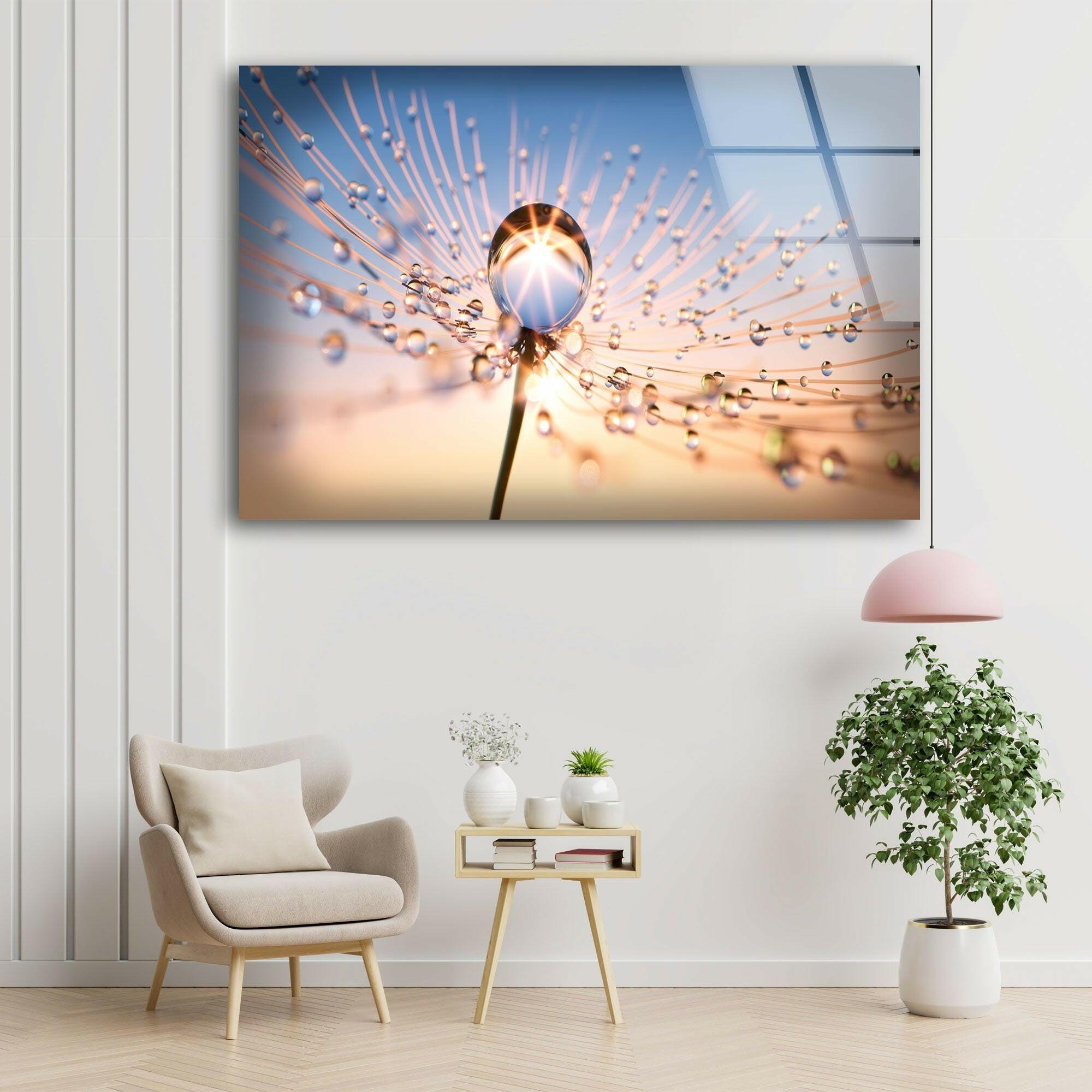 Dandelion Glass Wall Art with Sun Drops - Handmade Nature-Inspired Decor for Living Room, Bedroom, or Office