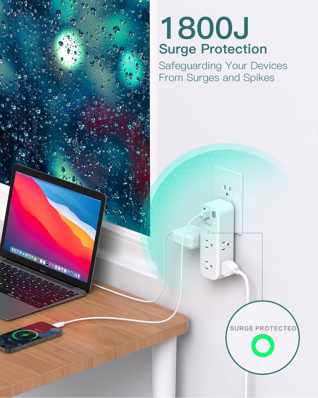 6-Outlet Surge Protector with 3 USB Ports (1 USB-C) - 1800J Rotating Power Strip, Multi Plug Wall Adapter for Home, Office & Travel - ETL Certified for Safety | Perfect for Charging Laptops, Phones & Home Electronics