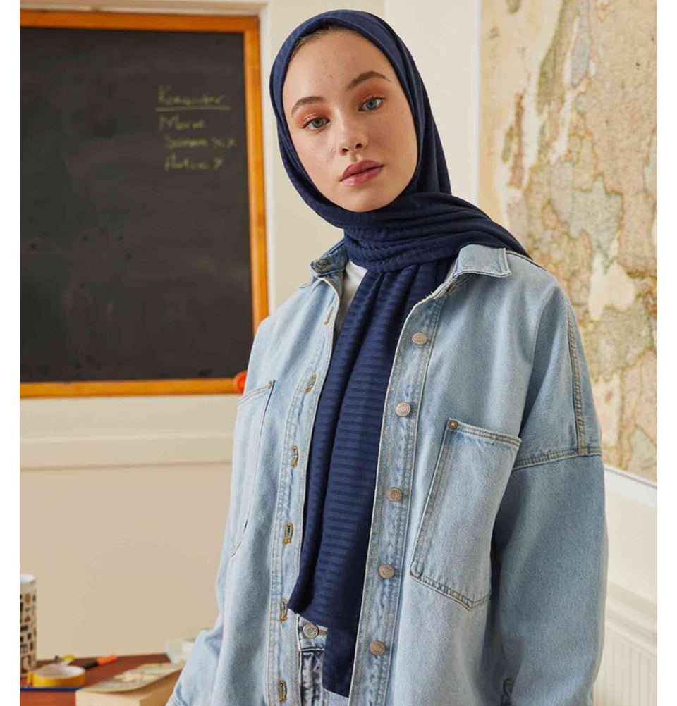 Comfy Striped Jersey Hijab Shawl - Navy Blue | Soft & Breathable Muslim Headscarf for Women | Perfect for Daily Wear, Prayer & Modest Fashion