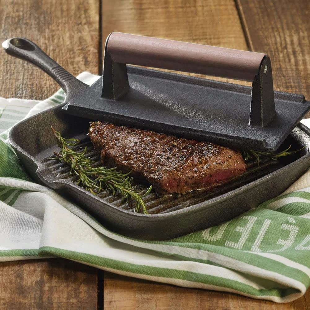 Heavy-Duty Cast Iron Bacon Press & Grill Weight - Perfect for Steak, Burgers, and Panini - Wood Handle for Comfort - Ideal for BBQ, Grilling, and Smashing Patties (Black)