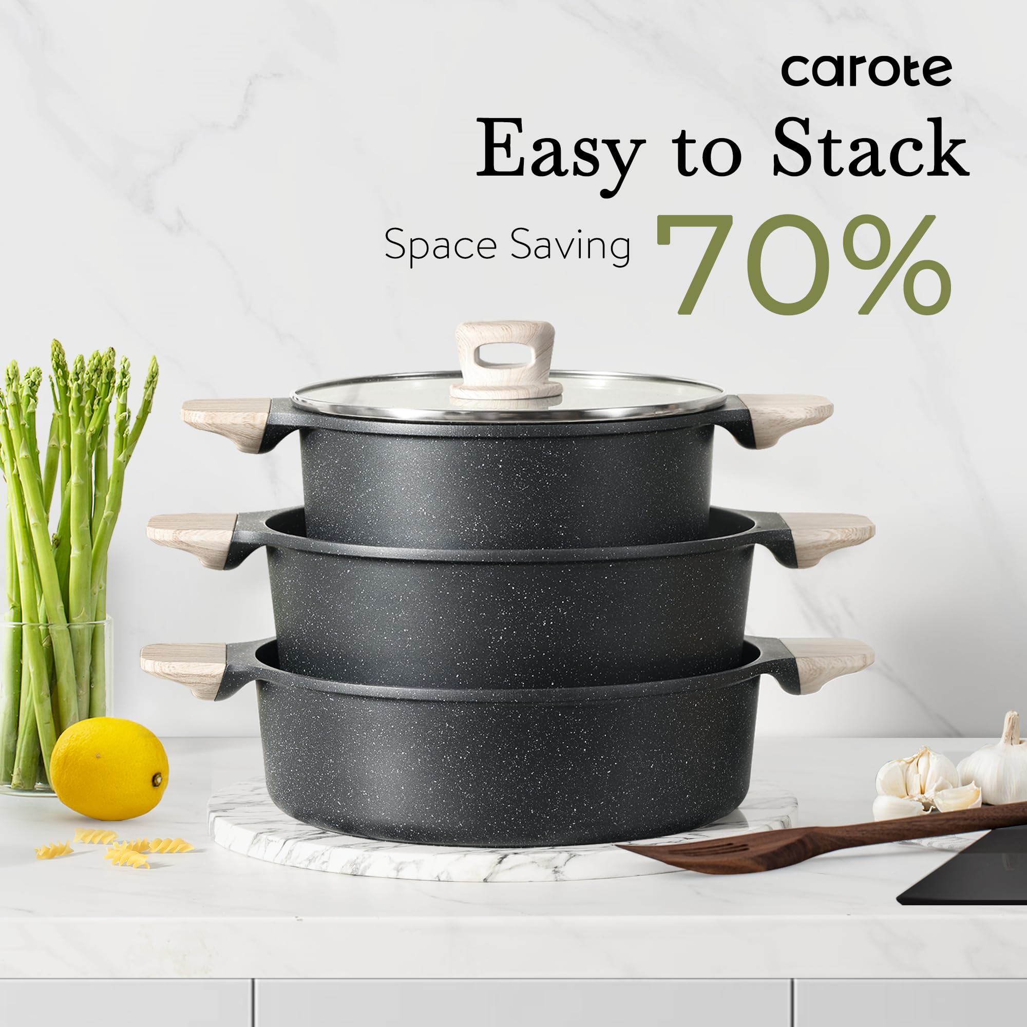 CAROTE Nonstick Cookware Set - 13-Piece Induction Kitchen Pots and Pans Set with Stock Pot & Saucepans, Classic Black | Perfect for Home Cooking, Professional Chefs & Everyday Meal Prep