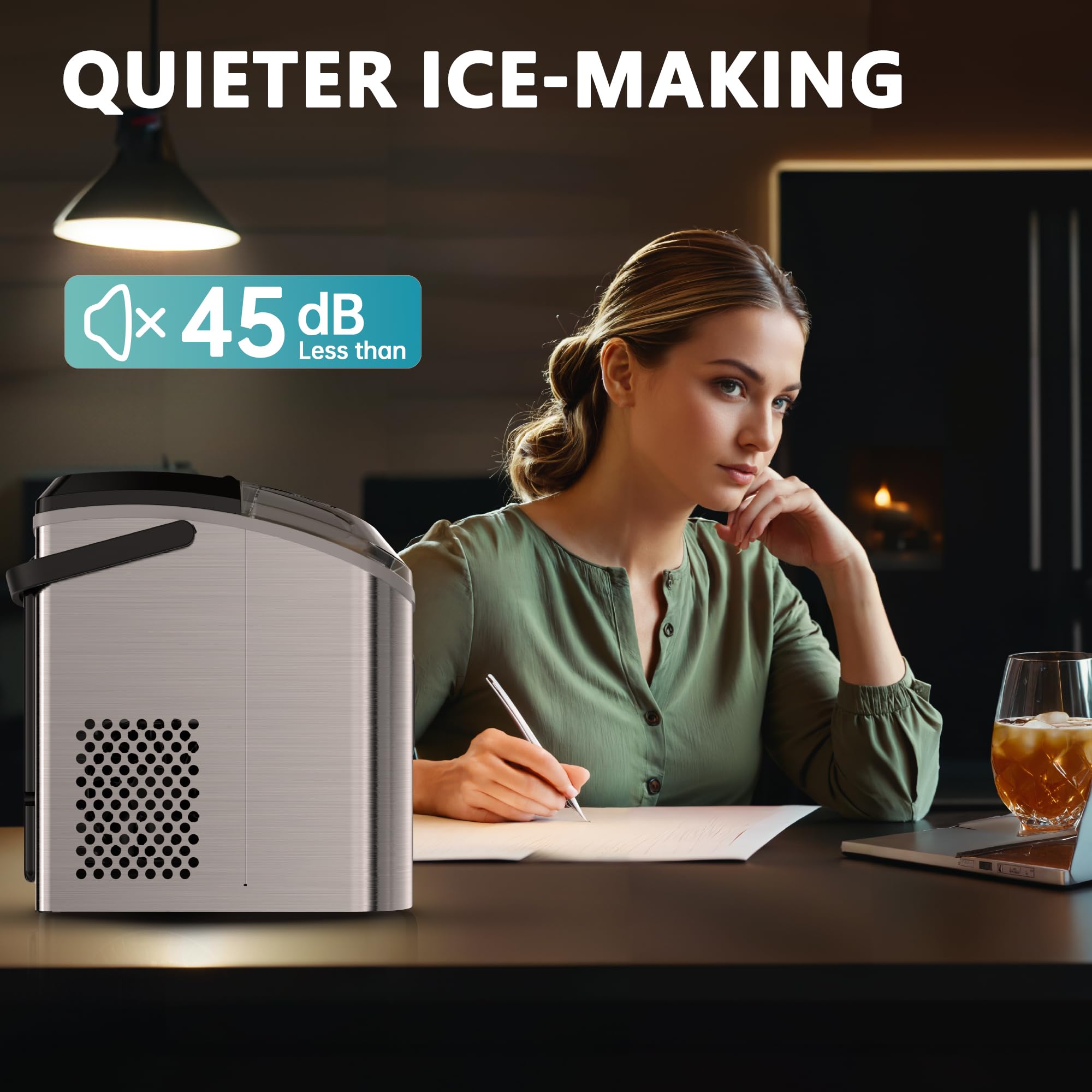 EUHOMY Portable Nugget Ice Maker Countertop - 34lbs/Day, 6-Minute Fast Ice Production, Auto-Cleaning, Removable Top Cover - Includes Ice Basket & Scoop - Perfect for Home, Office, RV, Camping & Parties (Silver) - Enjoy Chewable Ice for Drinks, Cocktails & Outdoor Adventures