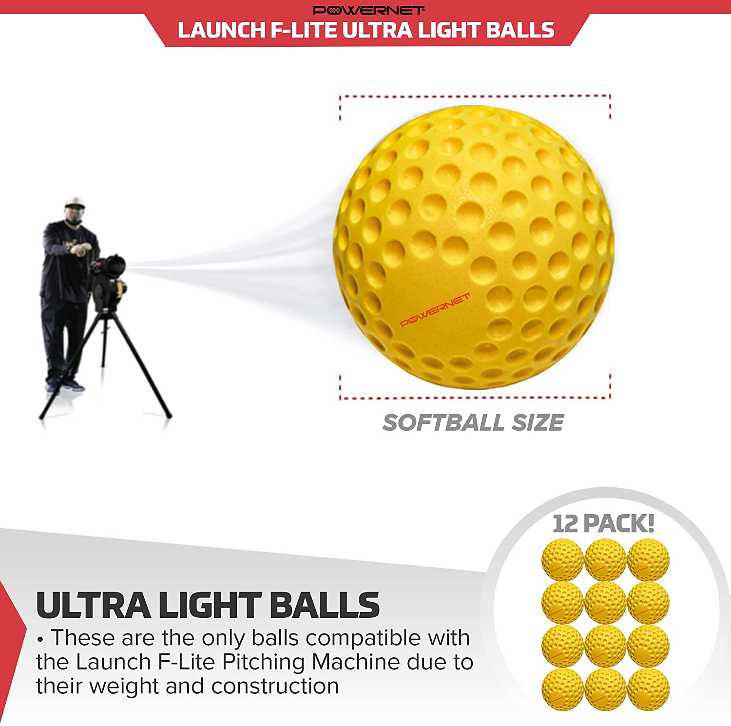 PowerNet Launch F Lite Ultra Light Dimpled Practice Baseballs for Pitching Machines | Perfect for Training, Batting Practice & Softball Drills | Indoor & Outdoor Use